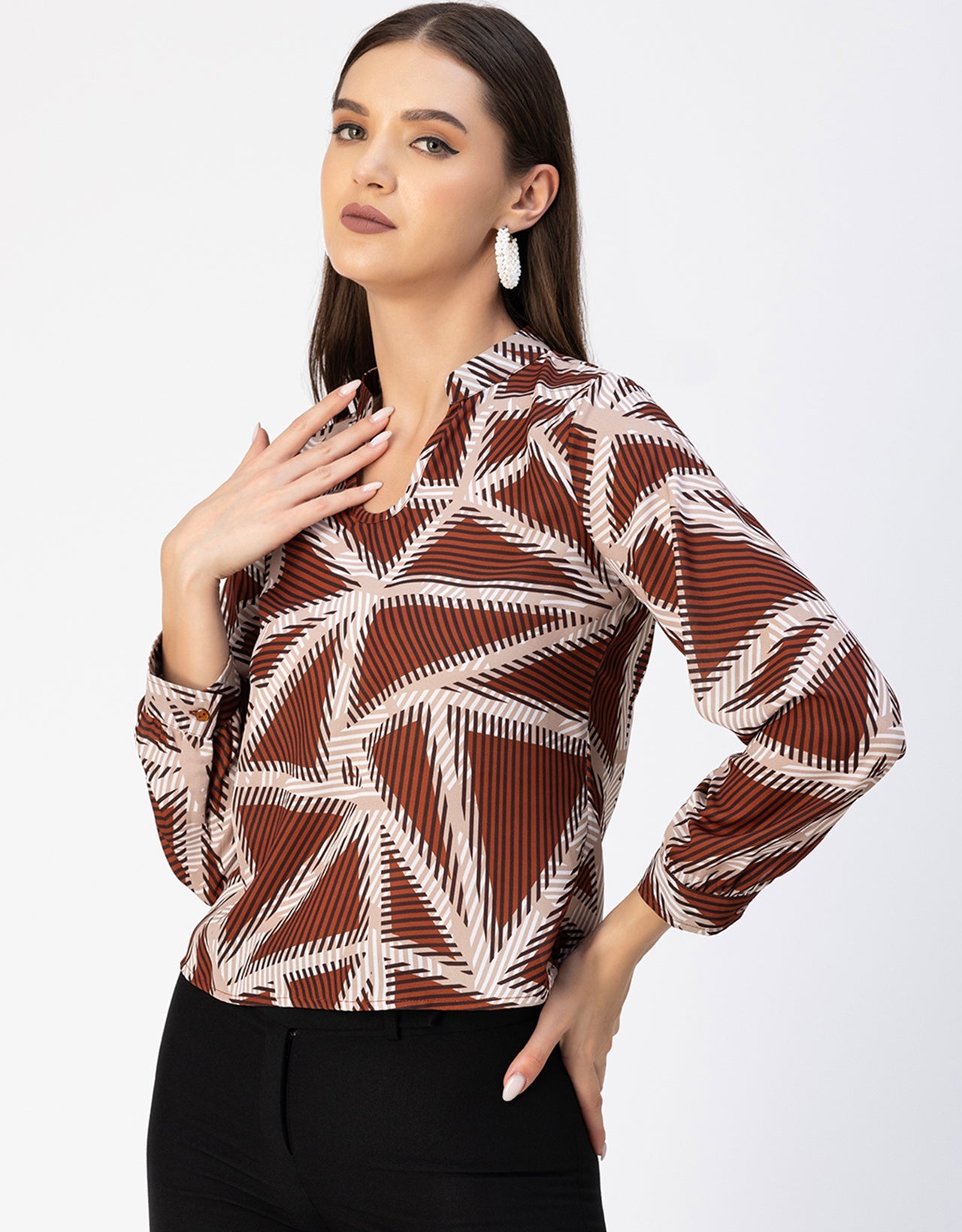 Long Sleeve Band Collar Printed Top