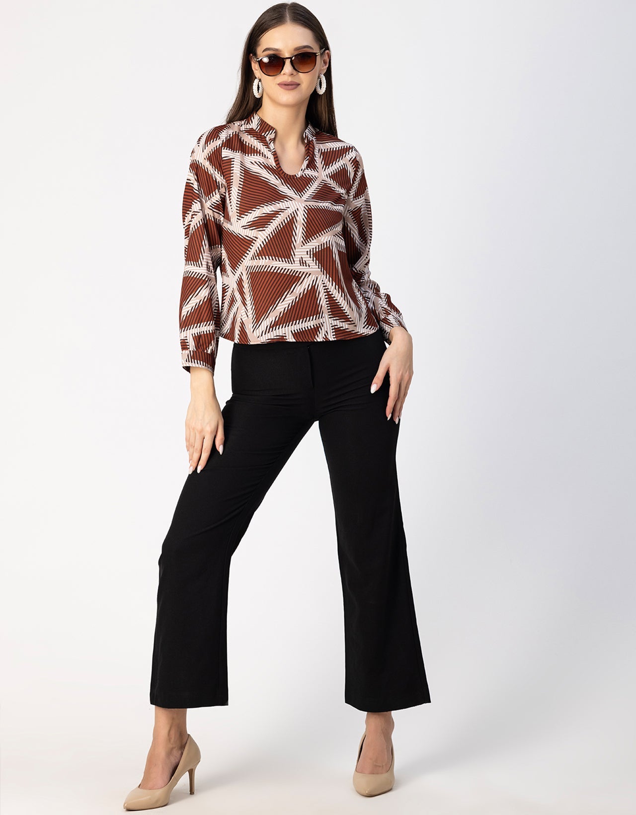 Long Sleeve Band Collar Printed Top