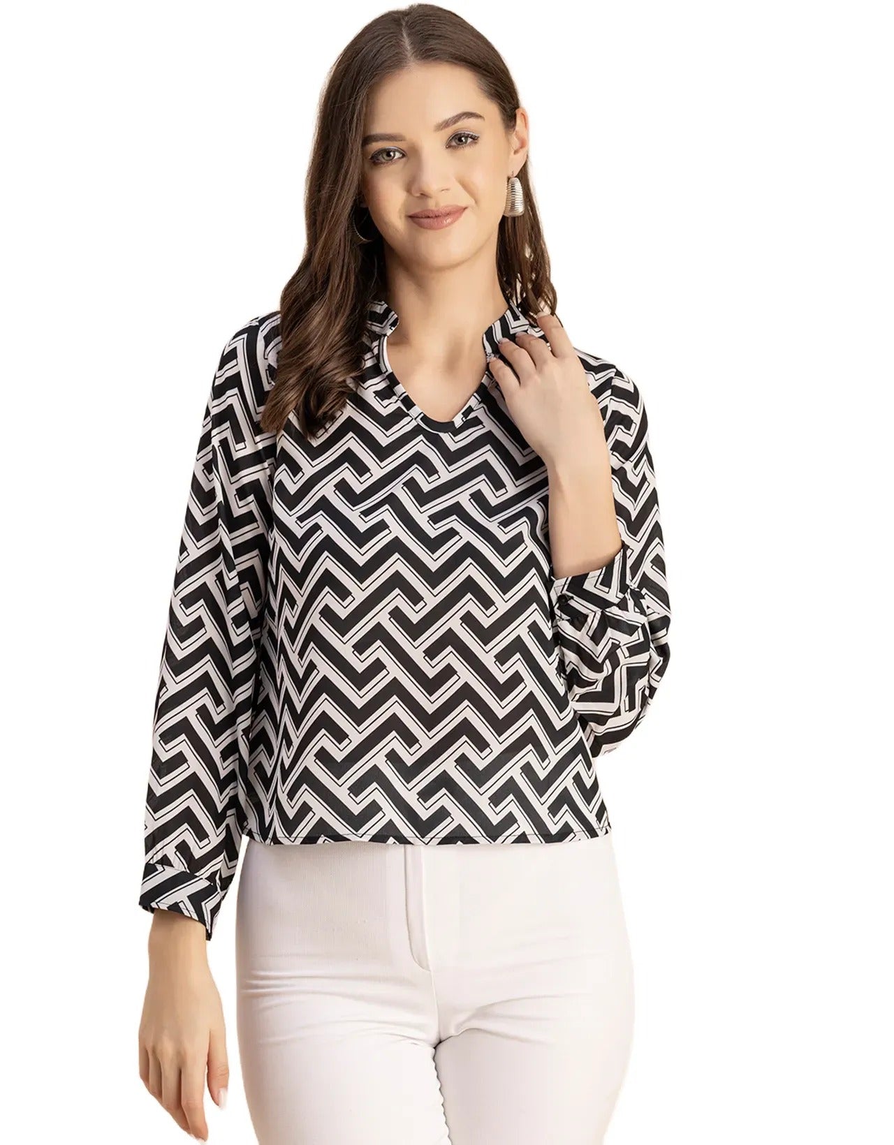 Long Sleeve Band Collar Printed Top
