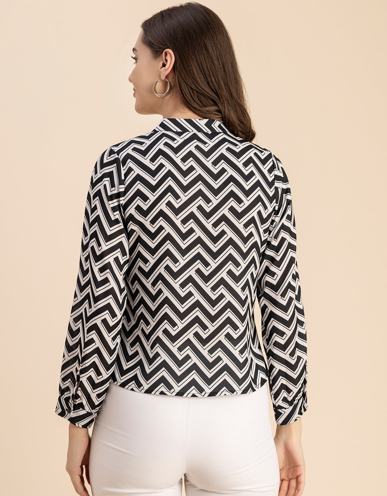 Long Sleeve Band Collar Printed Top