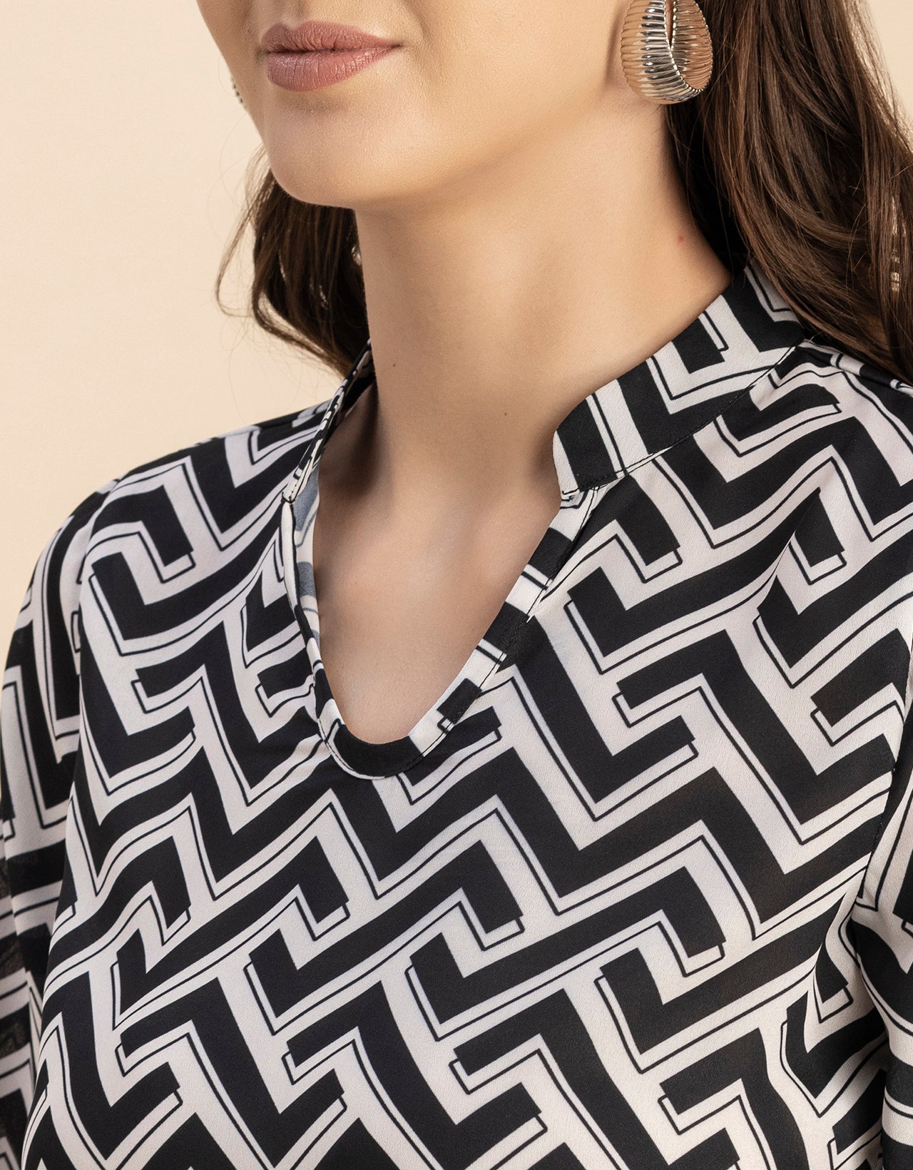 Long Sleeve Band Collar Printed Top