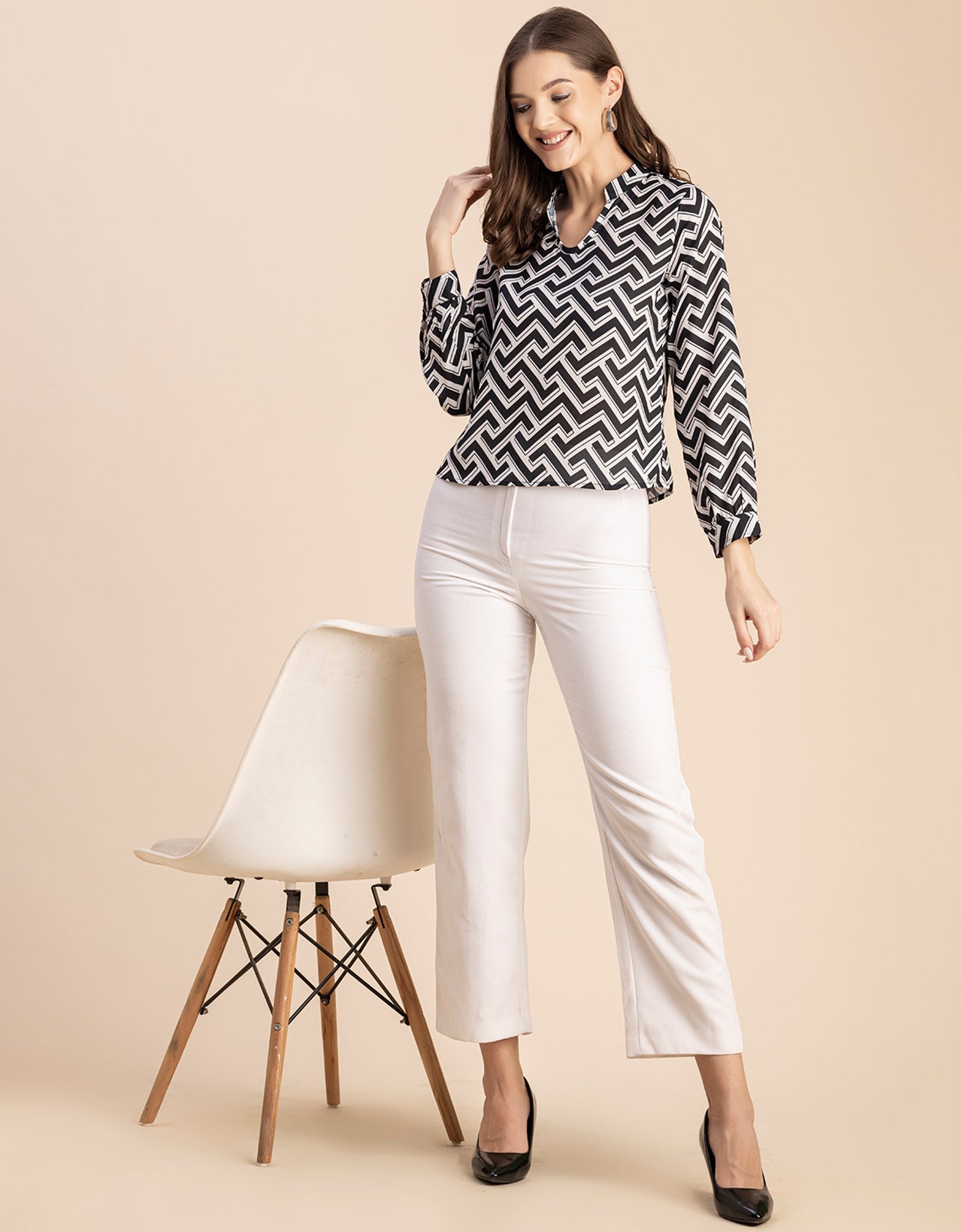 Long Sleeve Band Collar Printed Top