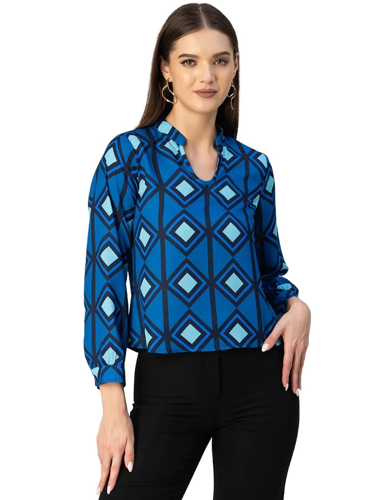 Long Sleeve Band Collar Printed Top