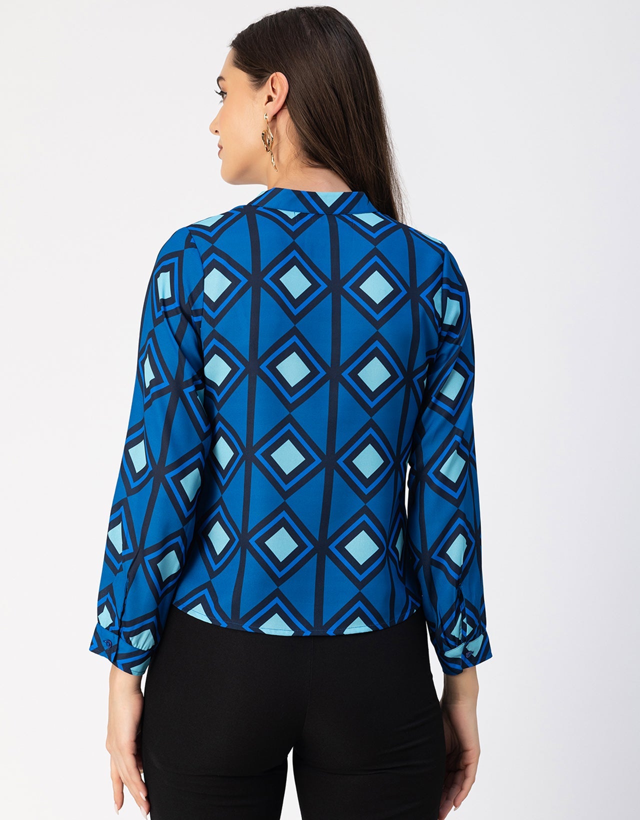 Long Sleeve Band Collar Printed Top