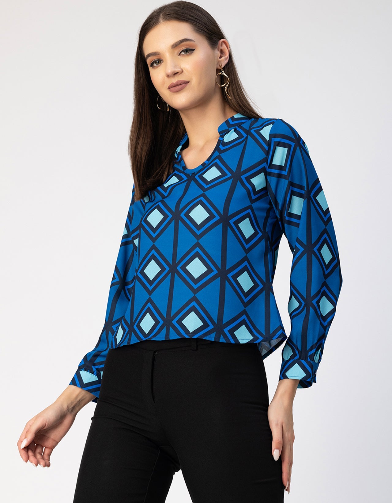 Long Sleeve Band Collar Printed Top