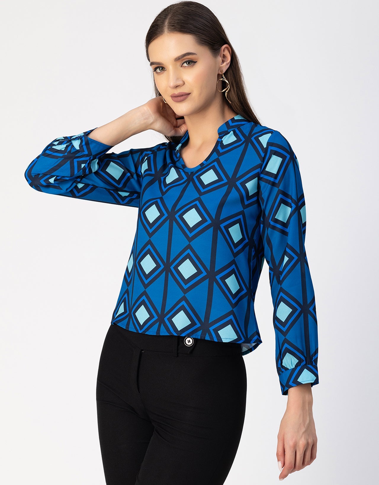 Long Sleeve Band Collar Printed Top