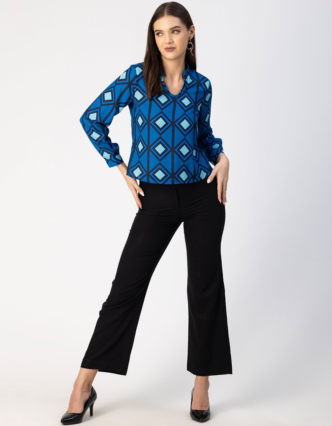 Long Sleeve Band Collar Printed Top