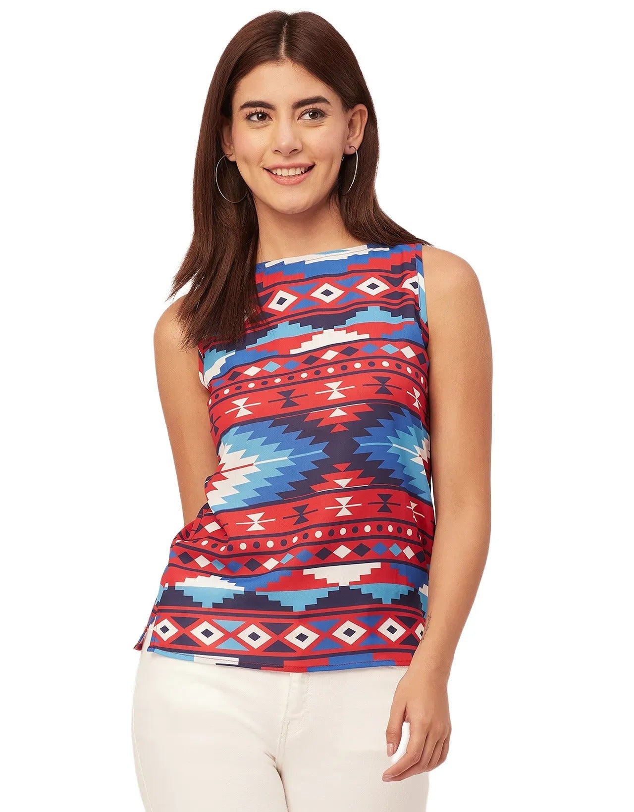 Sleeveless Boat Neck Printed Georgette Top