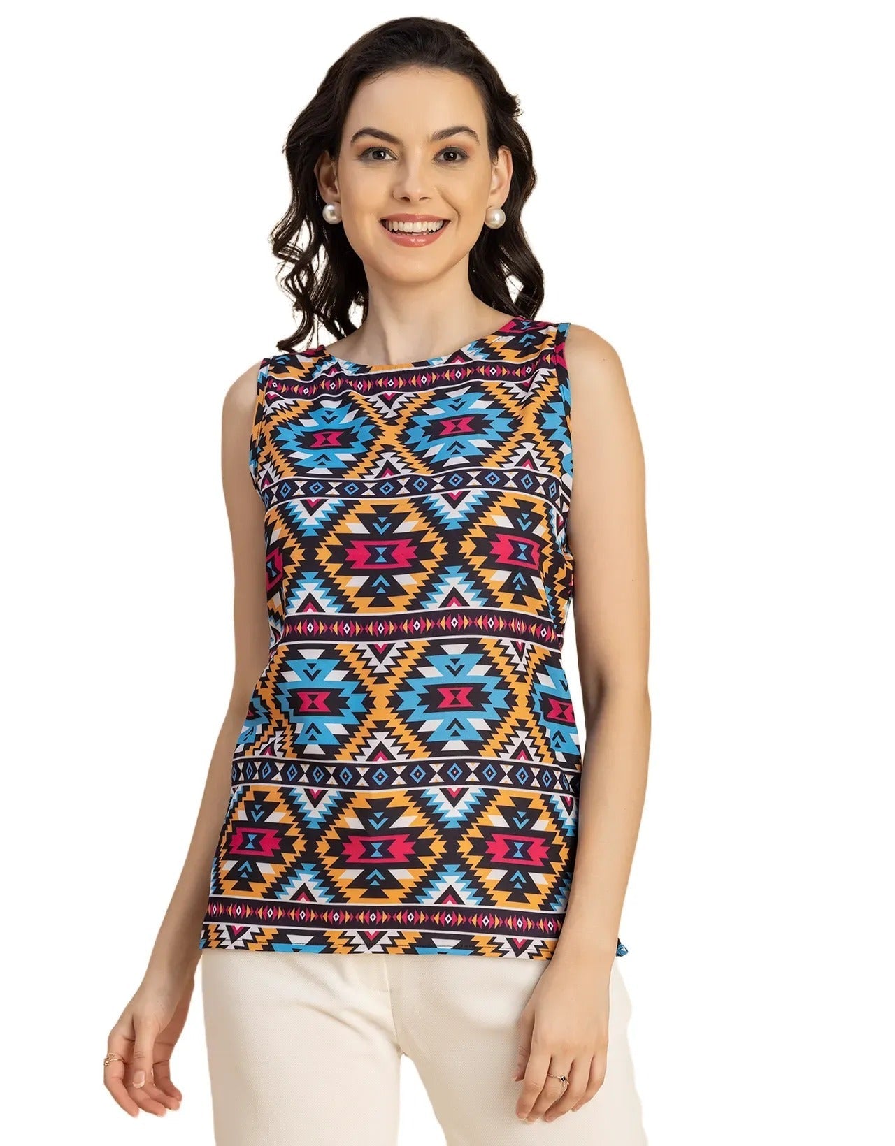 Sleeveless Boat Neck Printed Georgette Top