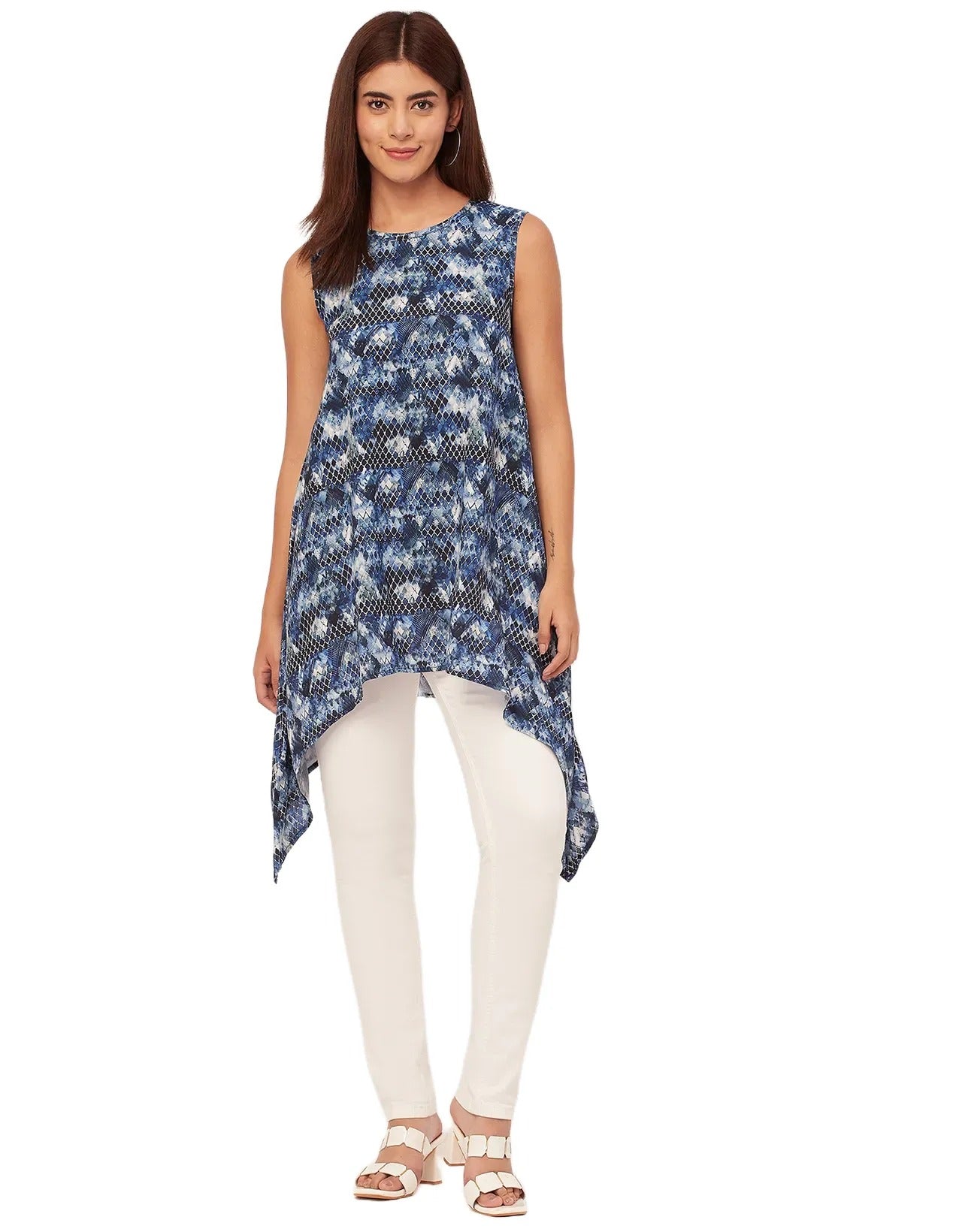 Round Neck Sleeveless Printed Rayon Top