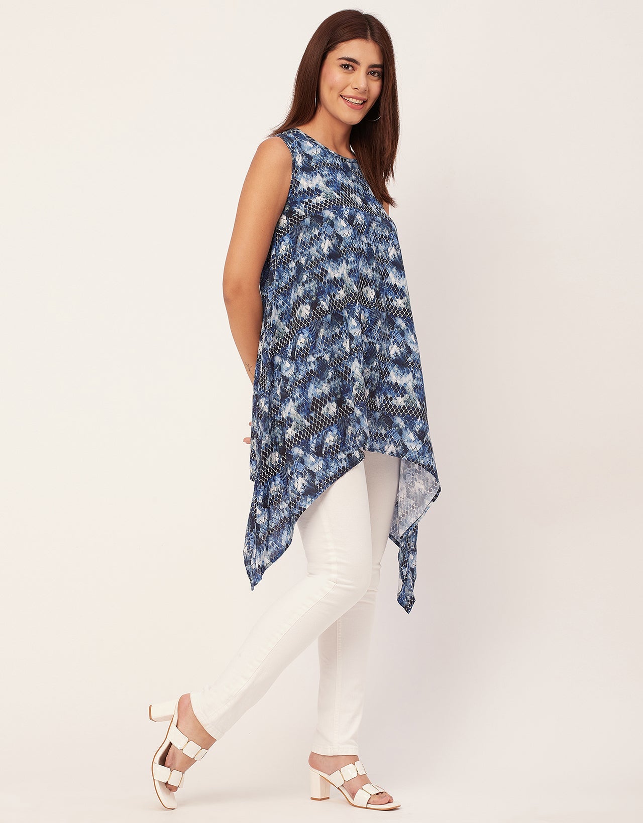 Round Neck Sleeveless Printed Rayon Top