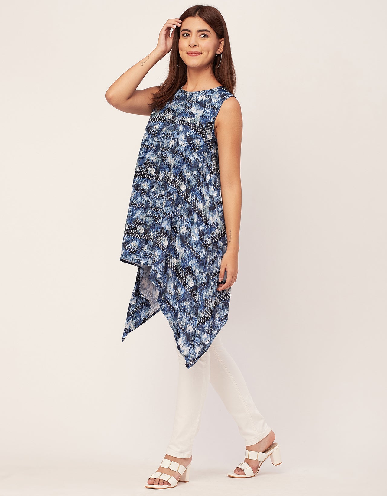 Round Neck Sleeveless Printed Rayon Top