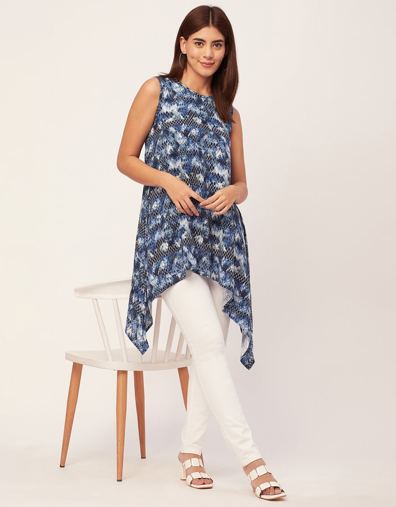 Round Neck Sleeveless Printed Rayon Top