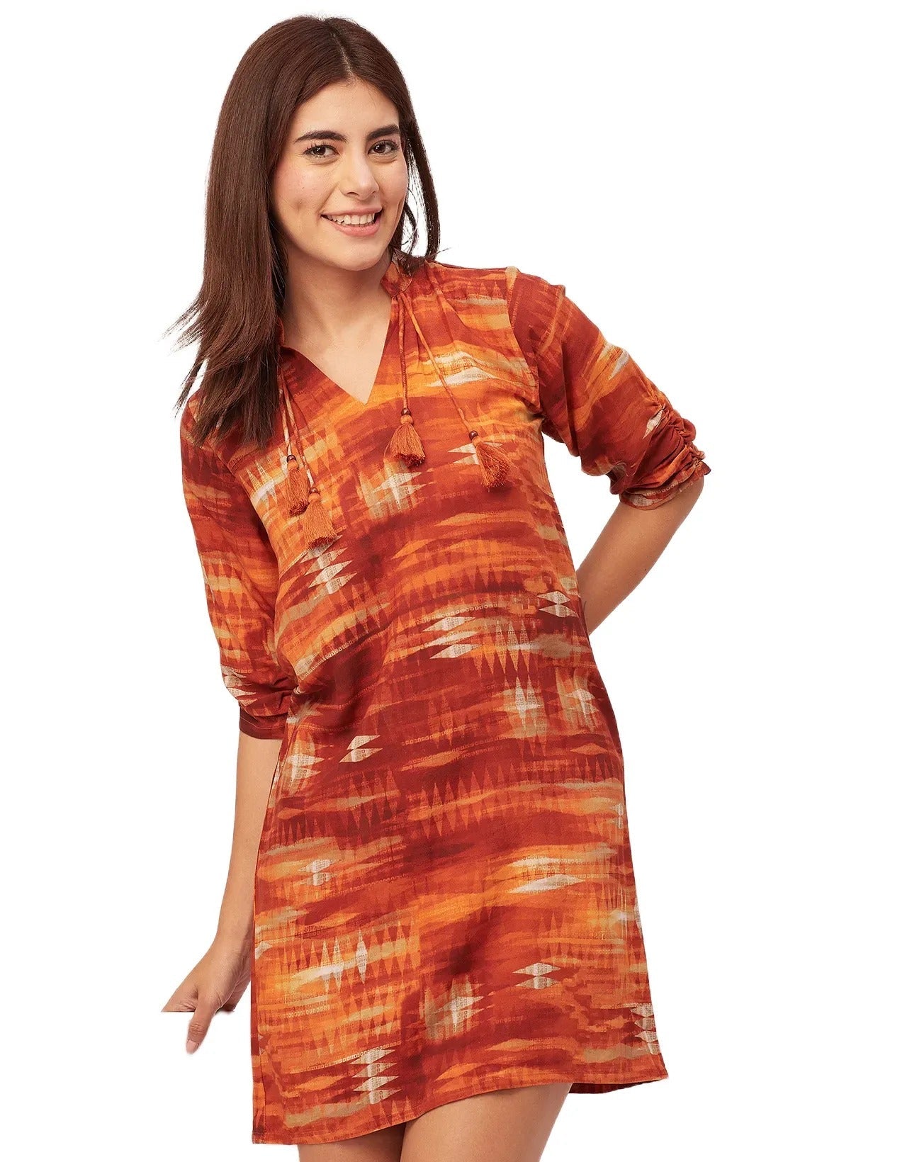 Raglan Sleeves Band Collar Printed Rayon Dress