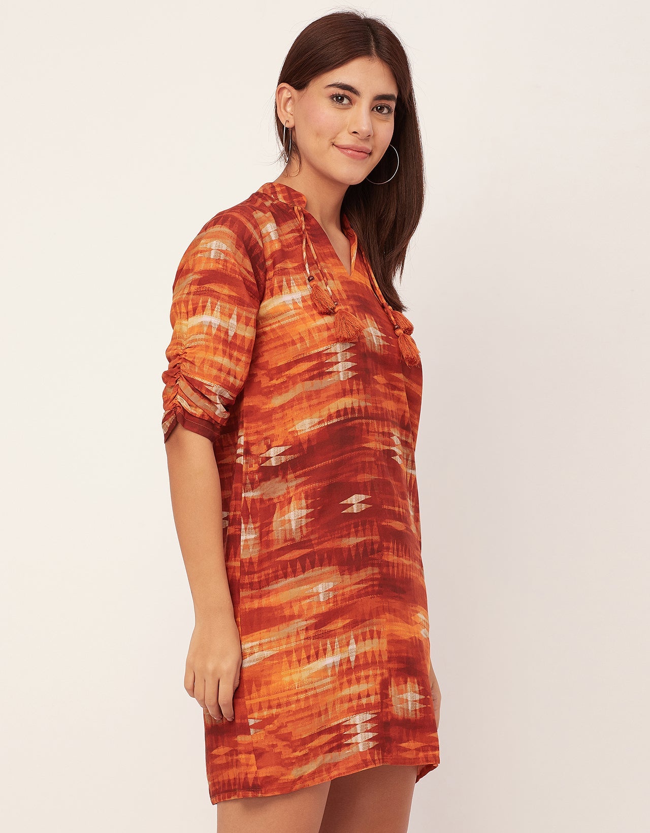 Raglan Sleeves Band Collar Printed Rayon Dress