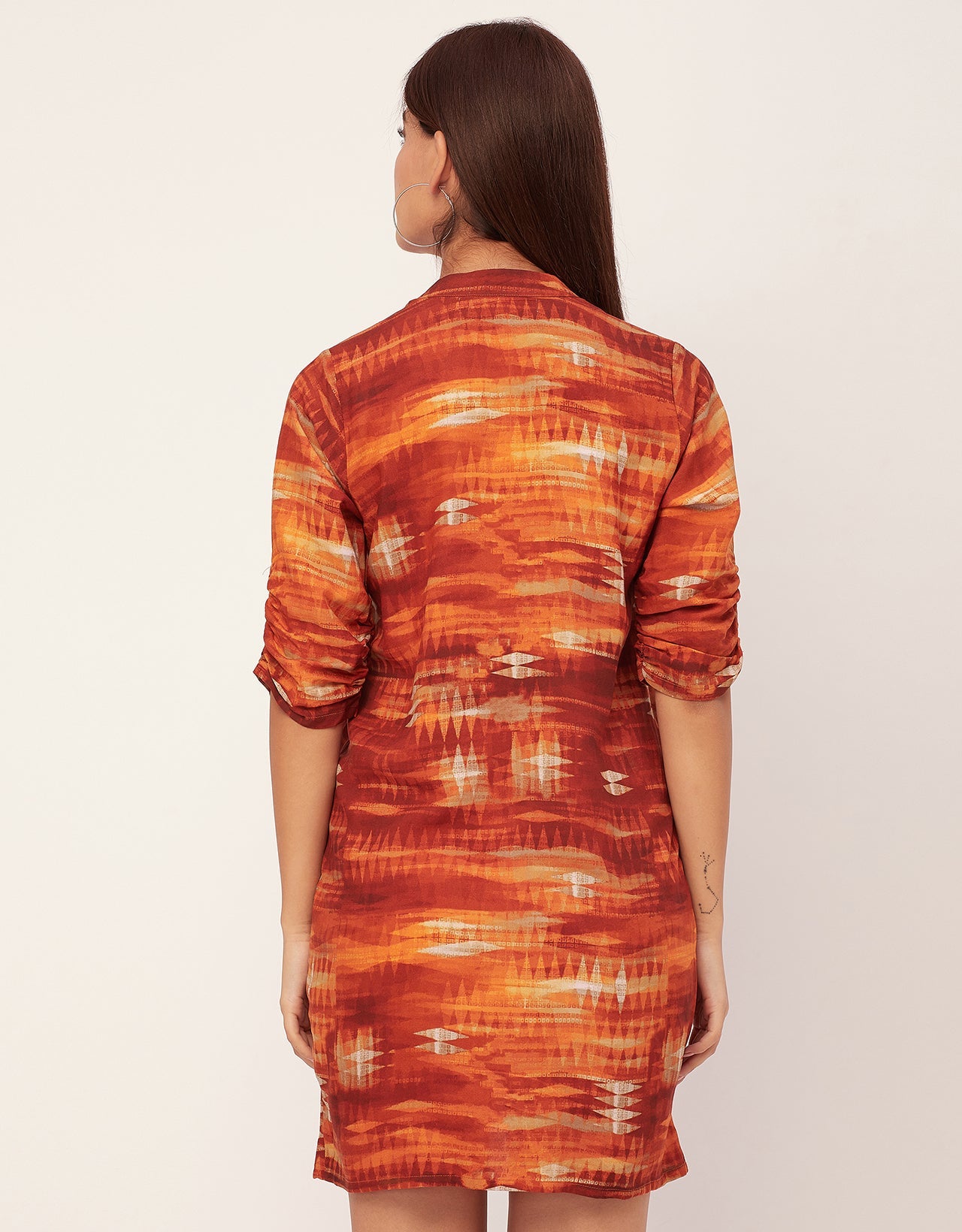 Raglan Sleeves Band Collar Printed Rayon Dress
