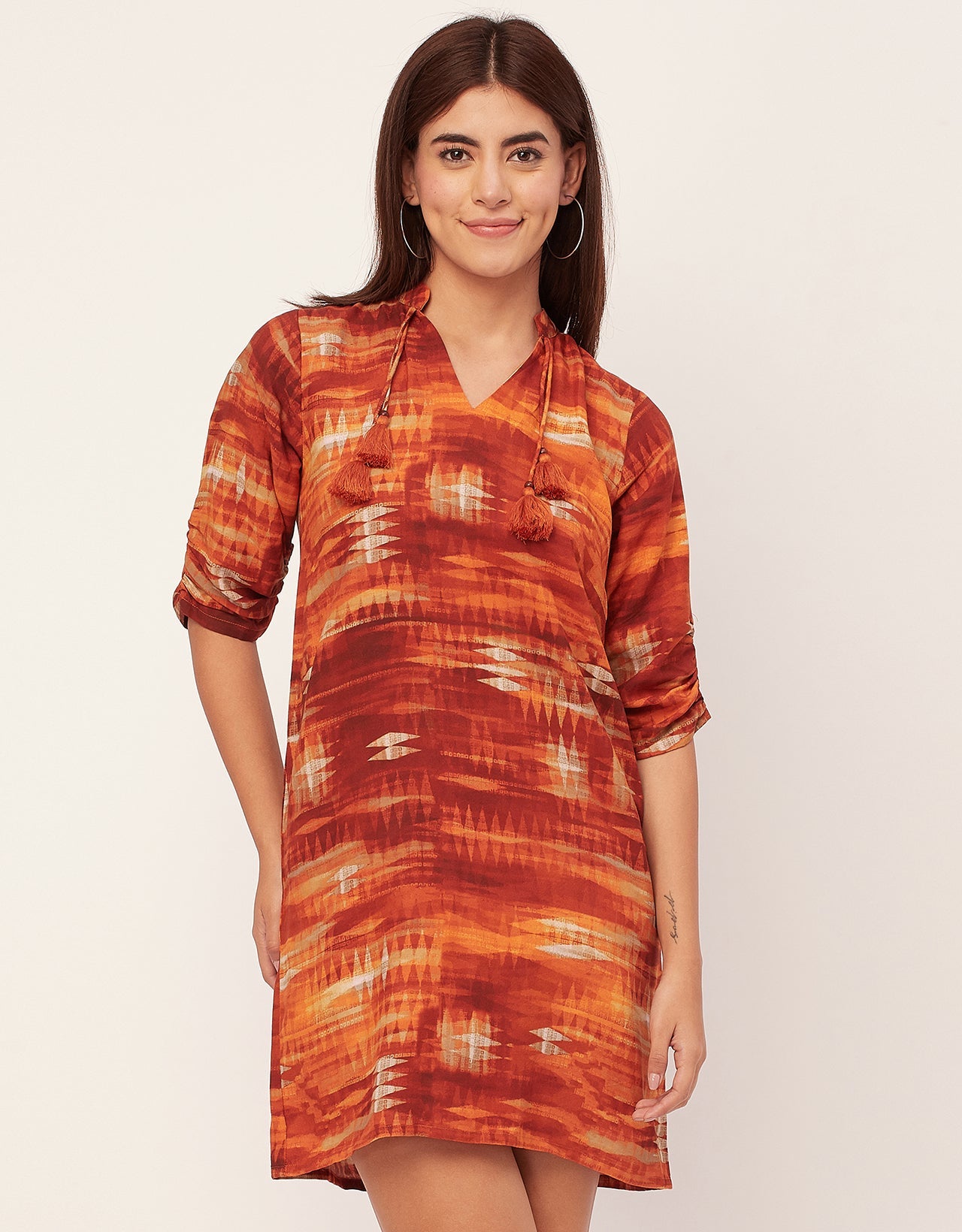 Raglan Sleeves Band Collar Printed Rayon Dress