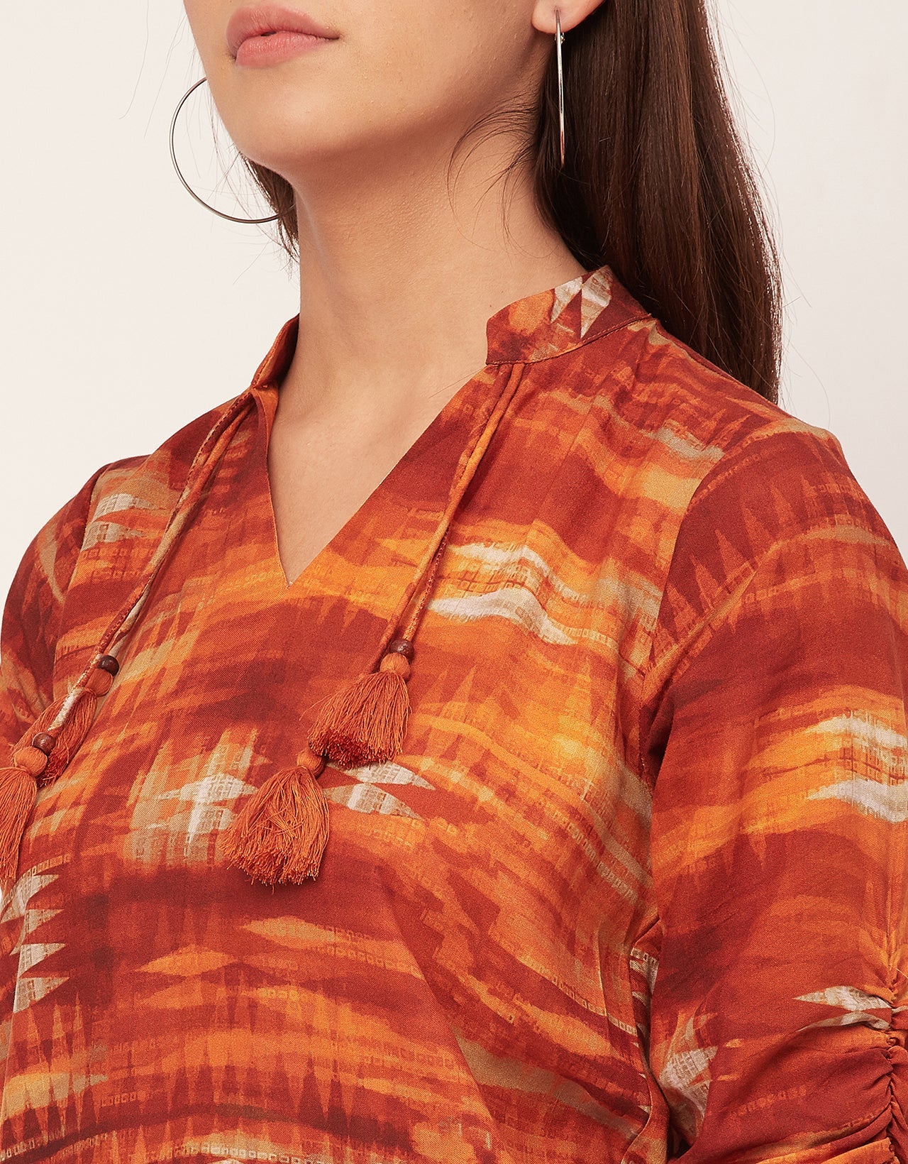 Raglan Sleeves Band Collar Printed Rayon Dress