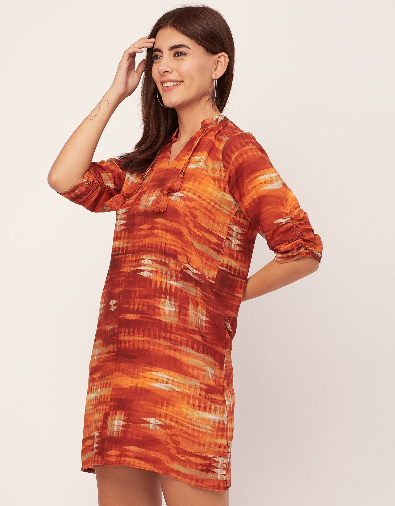 Raglan Sleeves Band Collar Printed Rayon Dress