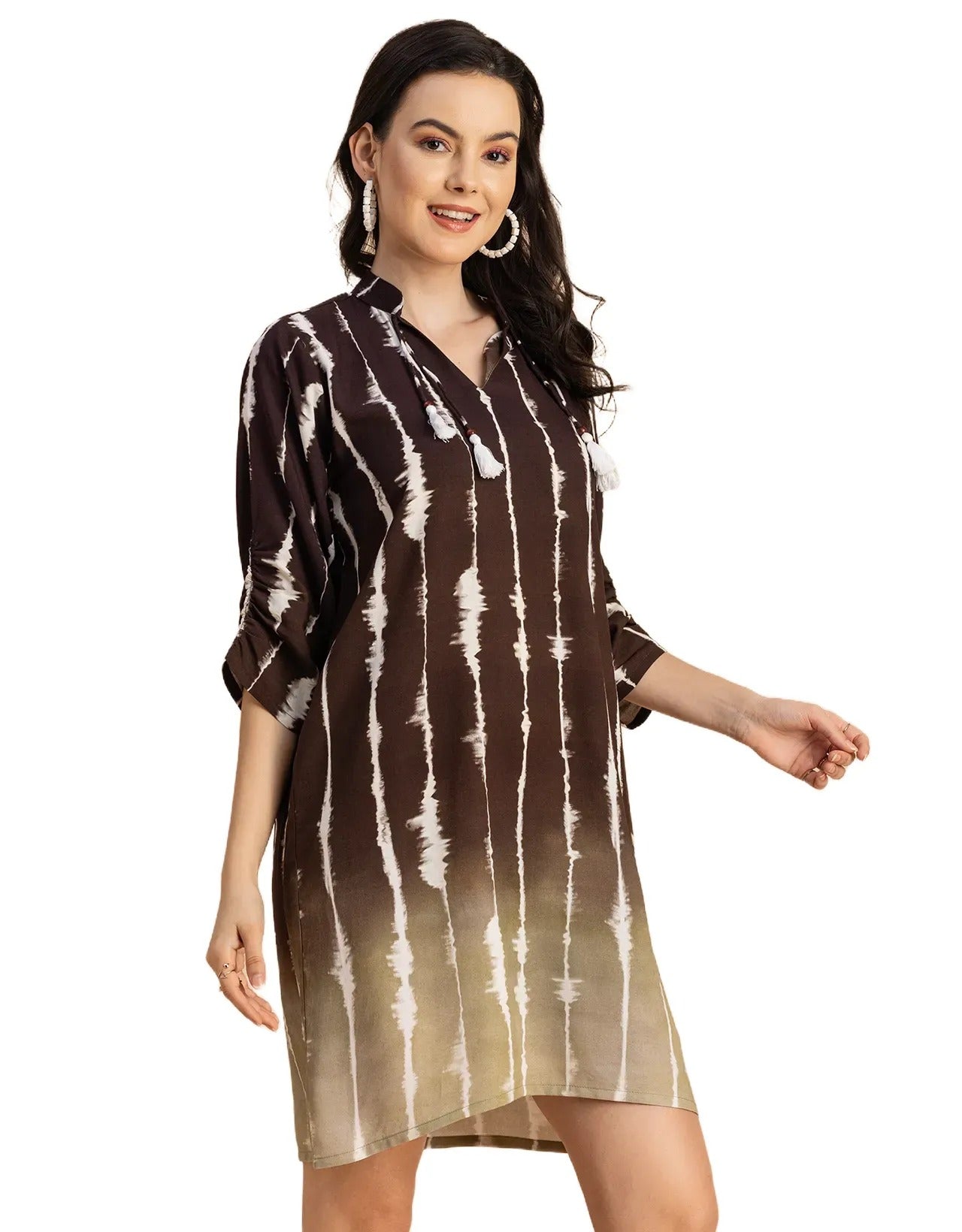 Raglan Sleeves Band Collar Printed Rayon Dress