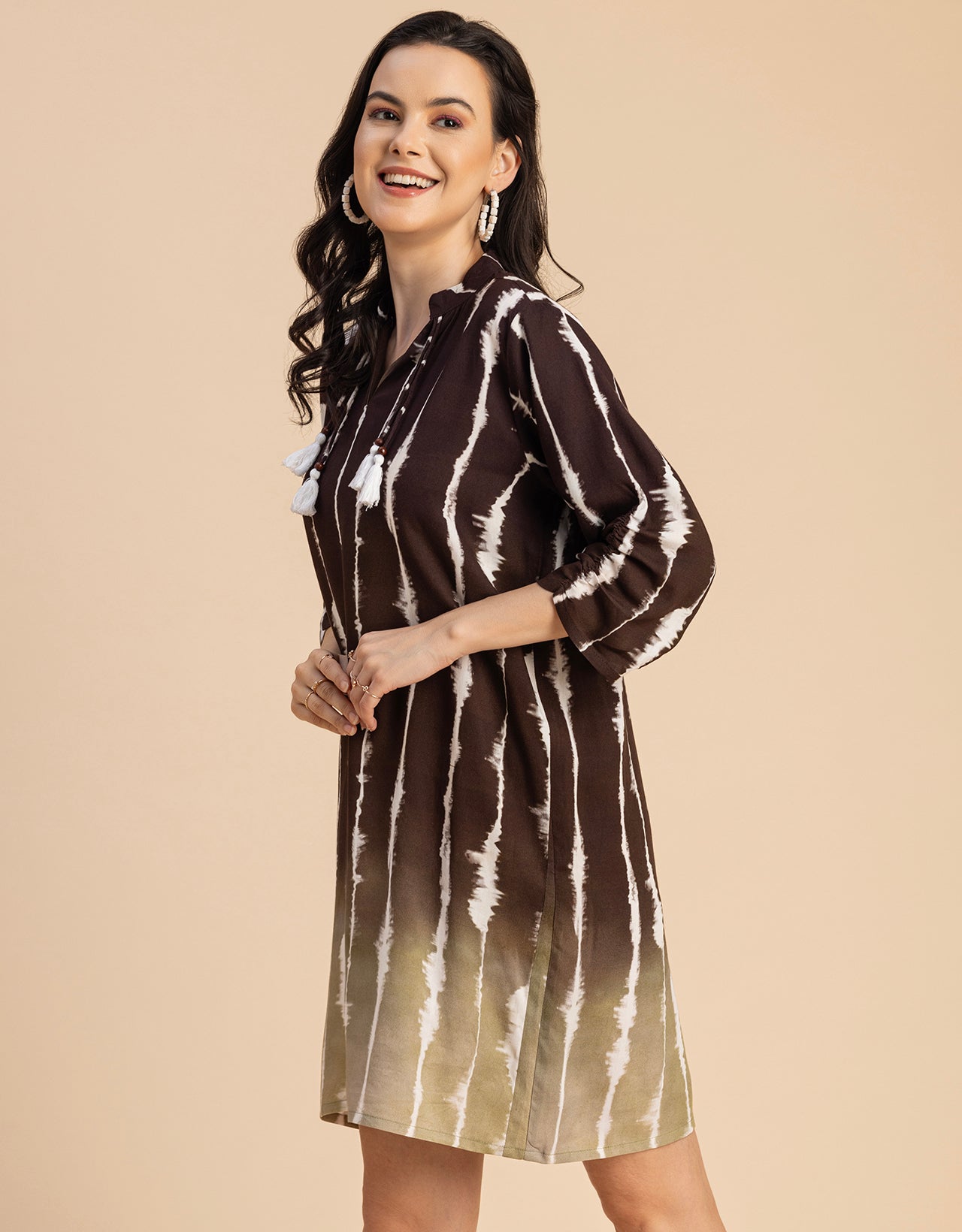 Raglan Sleeves Band Collar Printed Rayon Dress