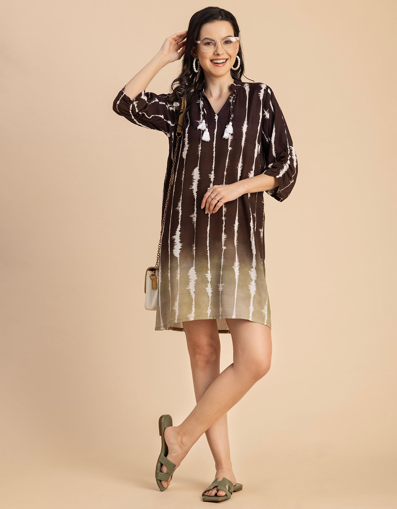 Raglan Sleeves Band Collar Printed Rayon Dress