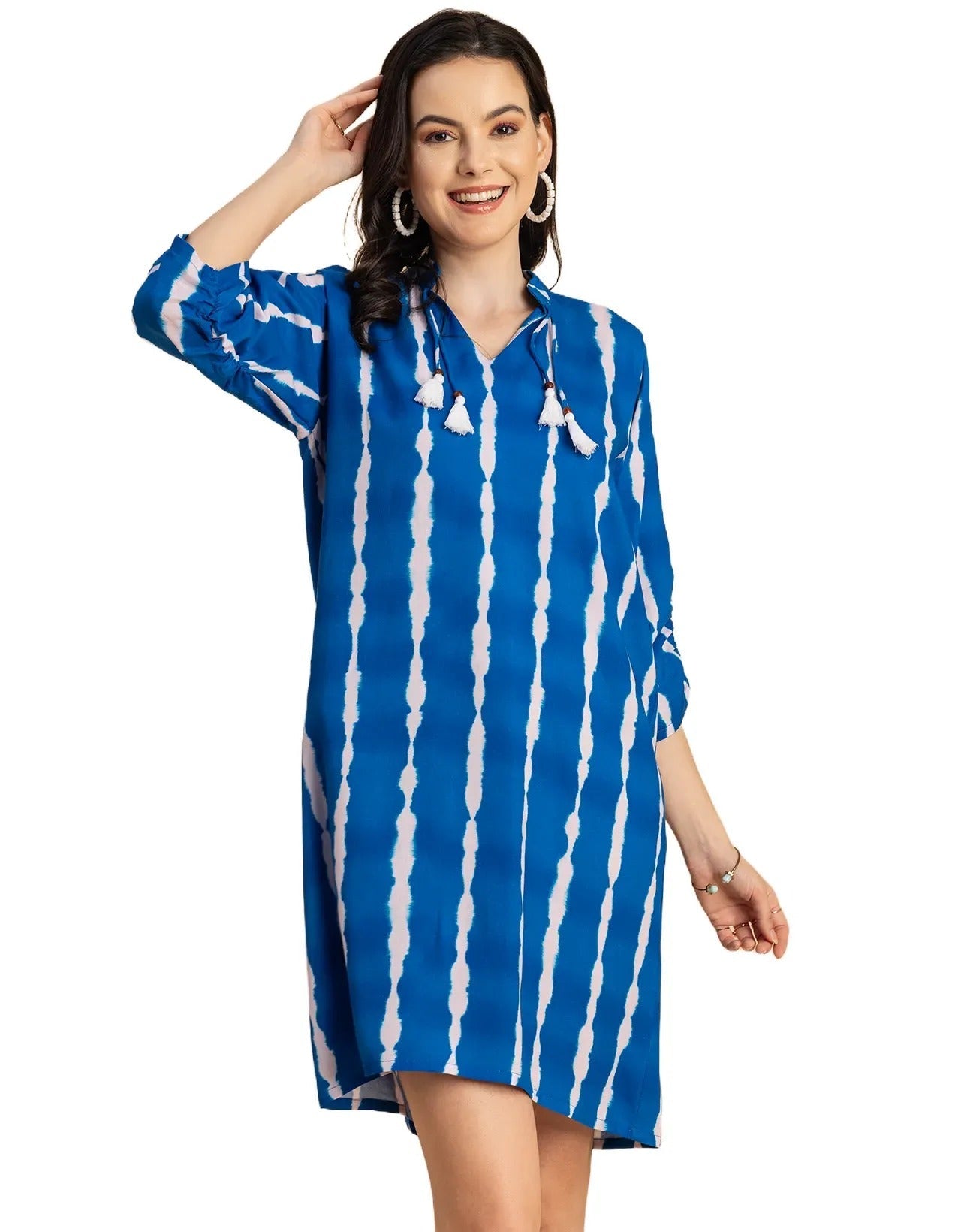 Raglan Sleeves Band Collar Printed Rayon Dress
