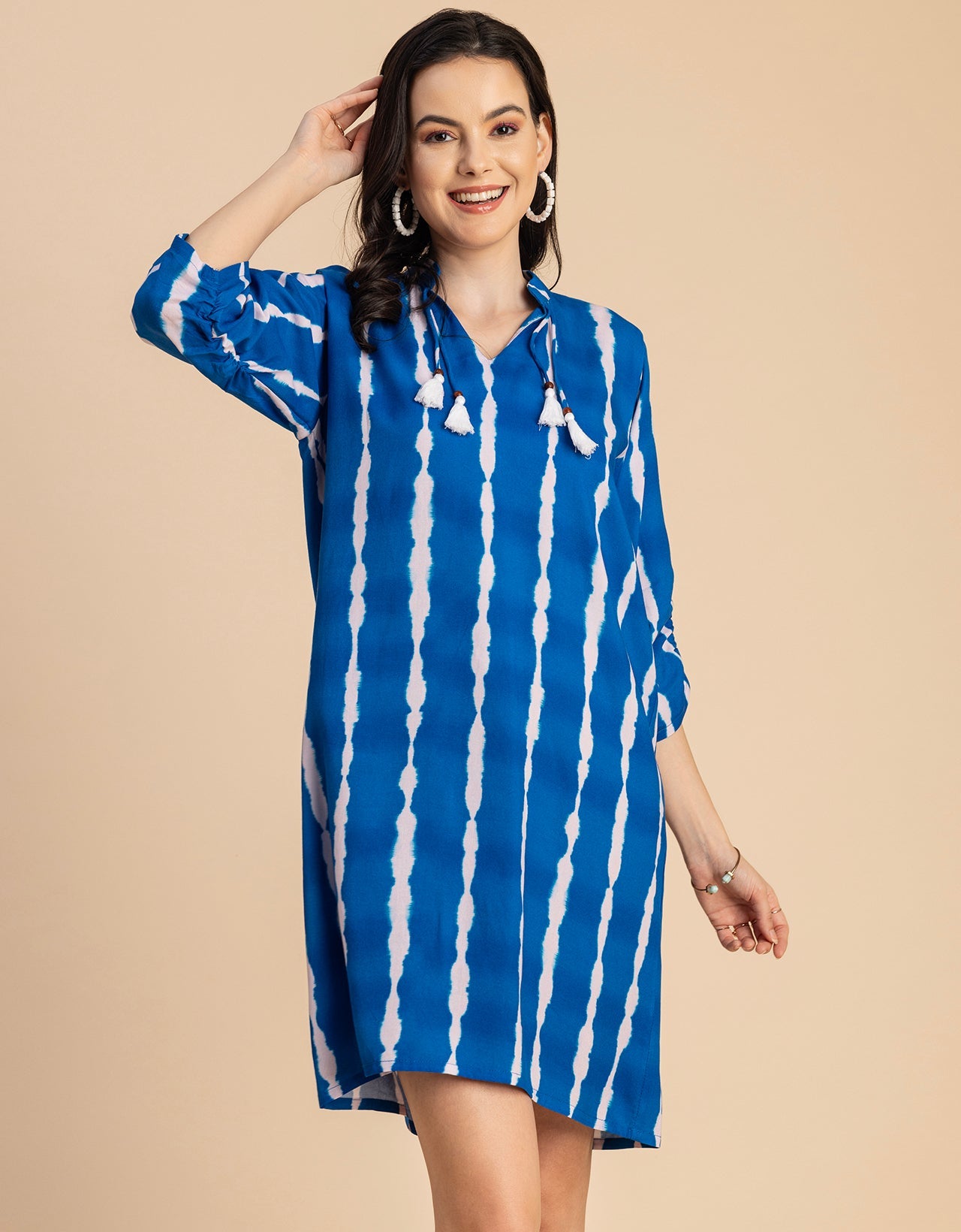 Raglan Sleeves Band Collar Printed Rayon Dress