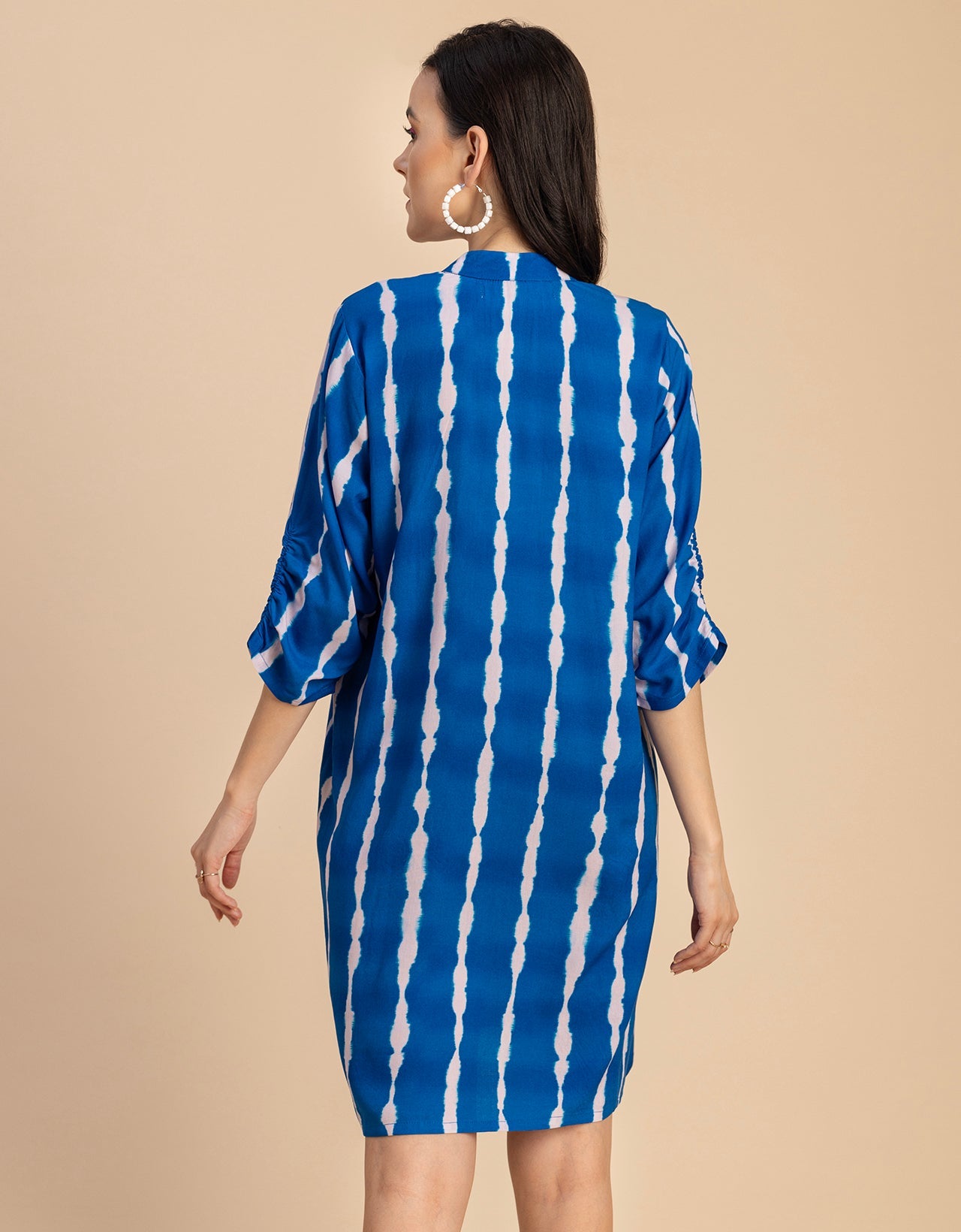 Raglan Sleeves Band Collar Printed Rayon Dress