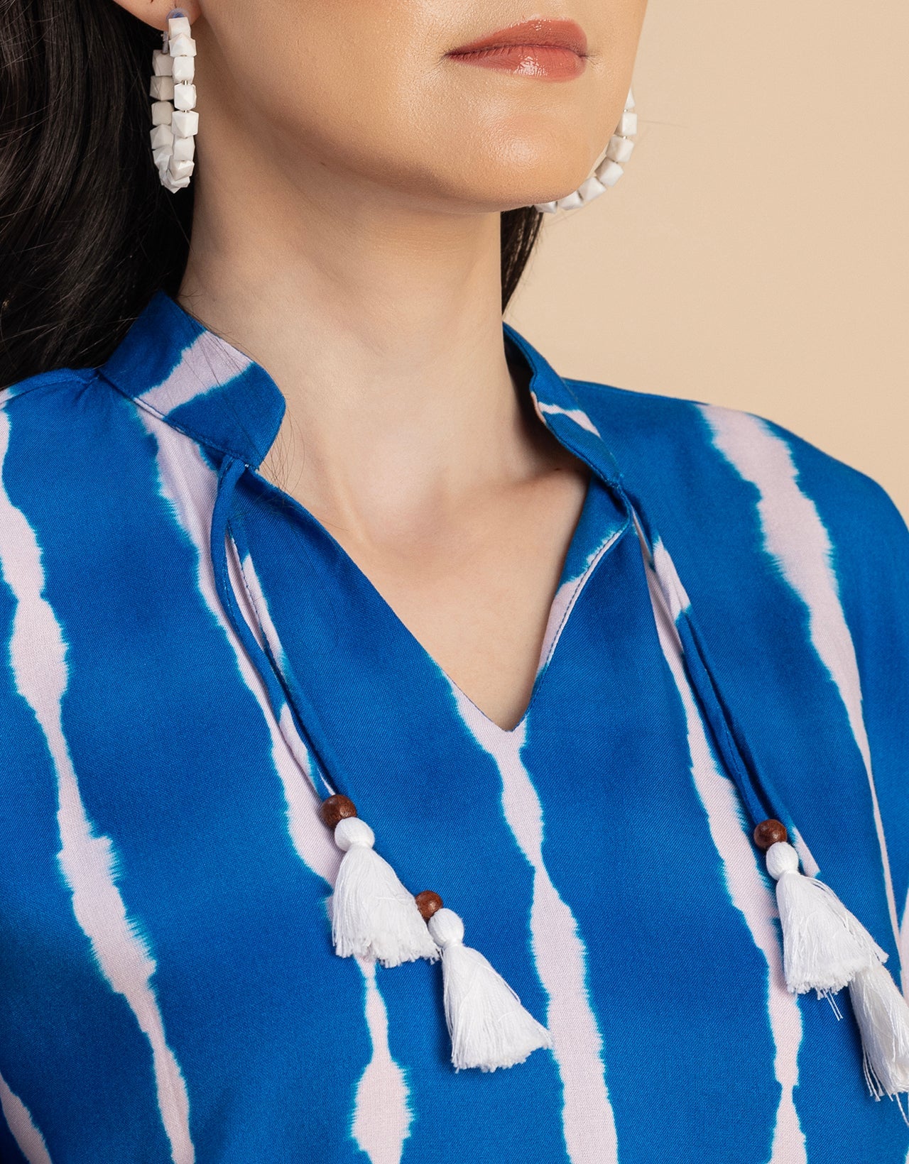 Raglan Sleeves Band Collar Printed Rayon Dress