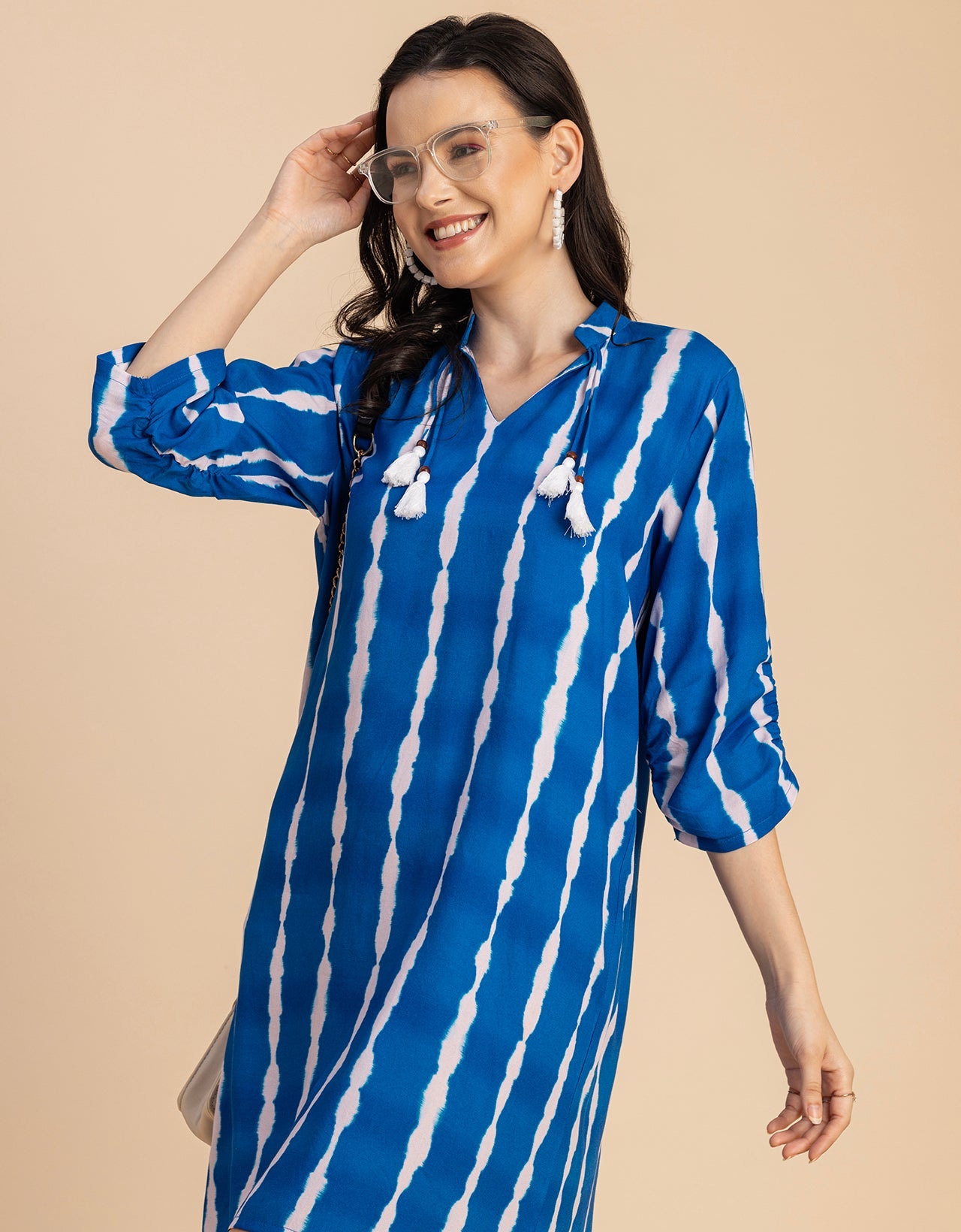 Raglan Sleeves Band Collar Printed Rayon Dress