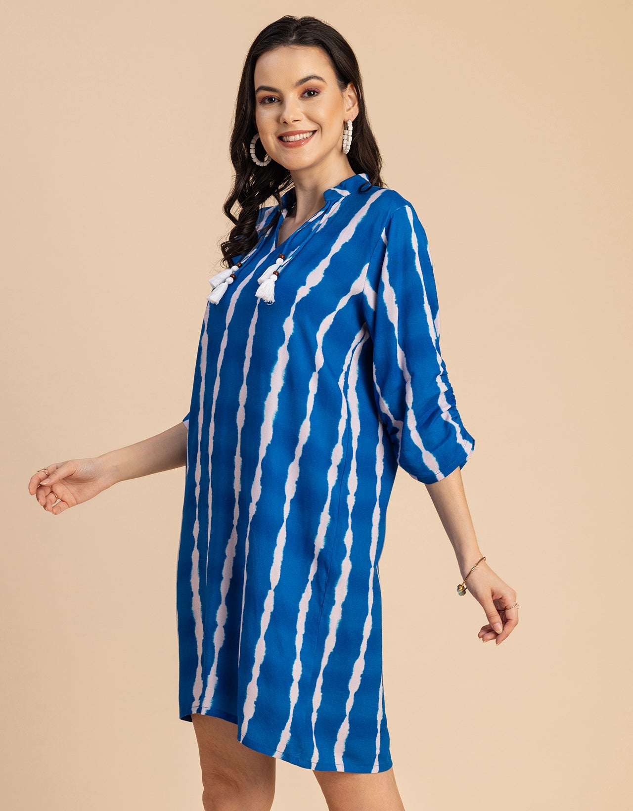 Raglan Sleeves Band Collar Printed Rayon Dress