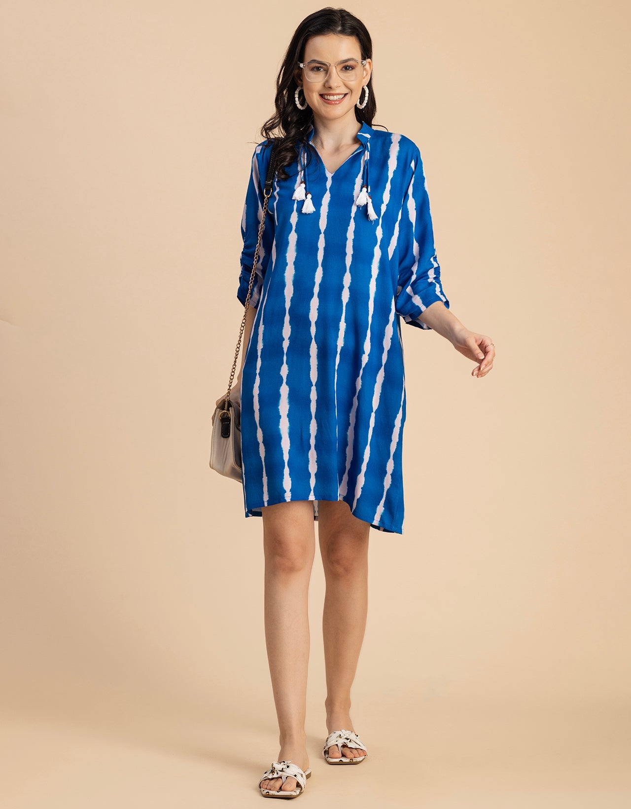 Raglan Sleeves Band Collar Printed Rayon Dress