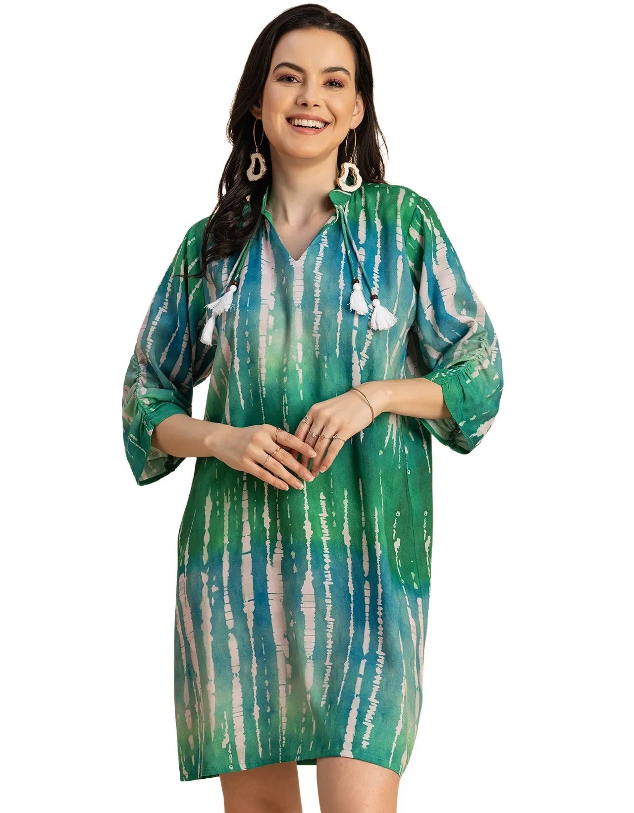 Raglan Sleeves Band Collar Printed Rayon Dress