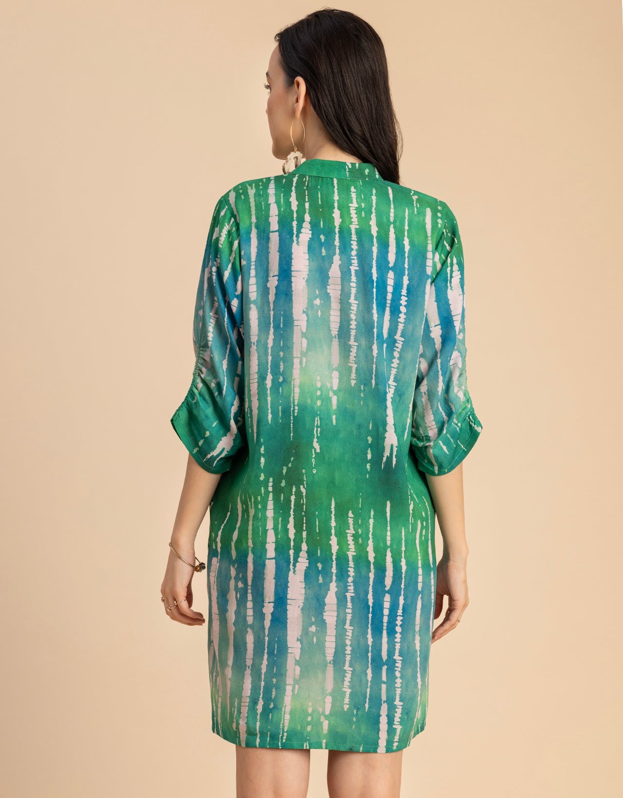 Raglan Sleeves Band Collar Printed Rayon Dress