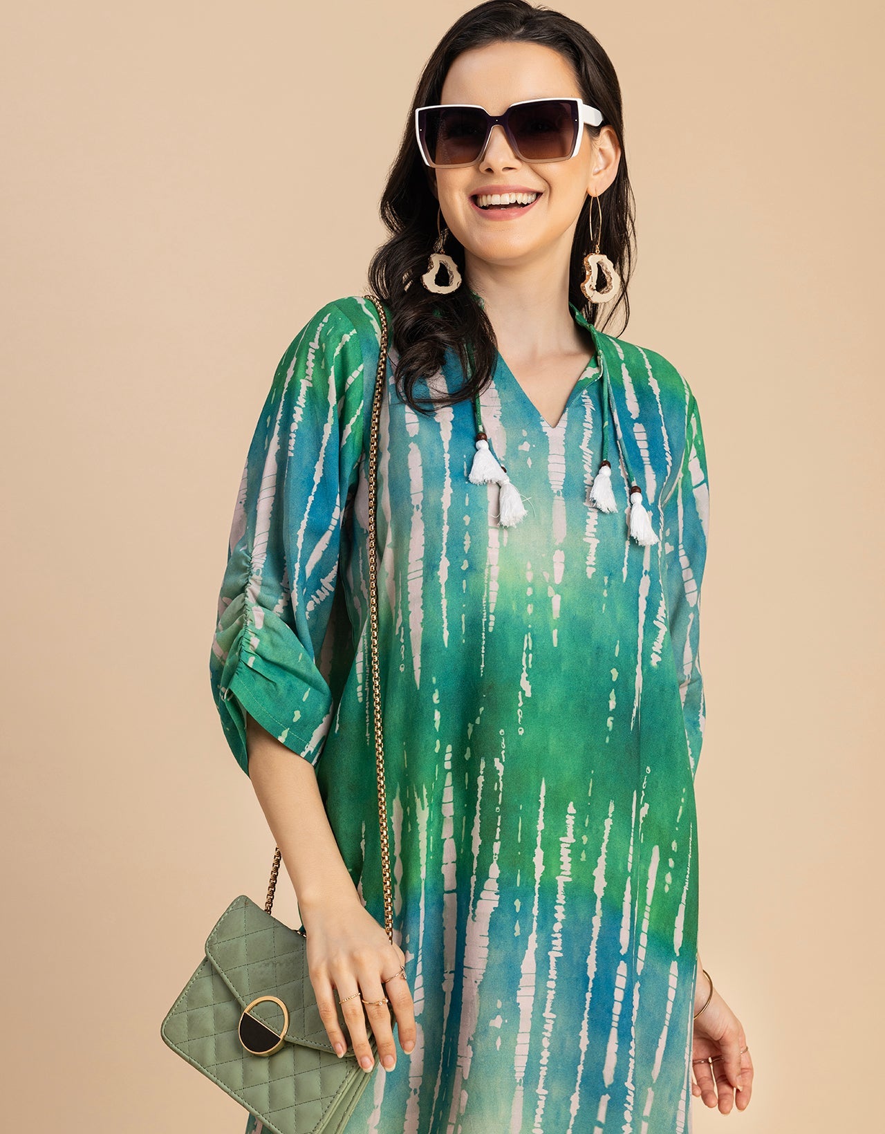 Raglan Sleeves Band Collar Printed Rayon Dress
