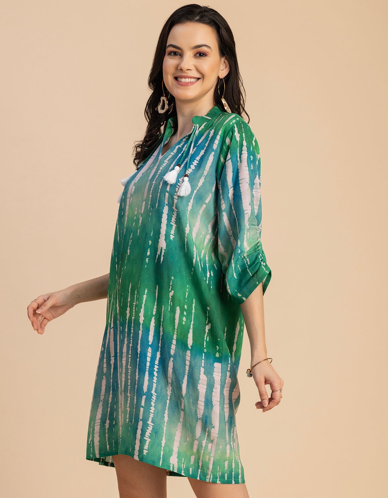 Raglan Sleeves Band Collar Printed Rayon Dress