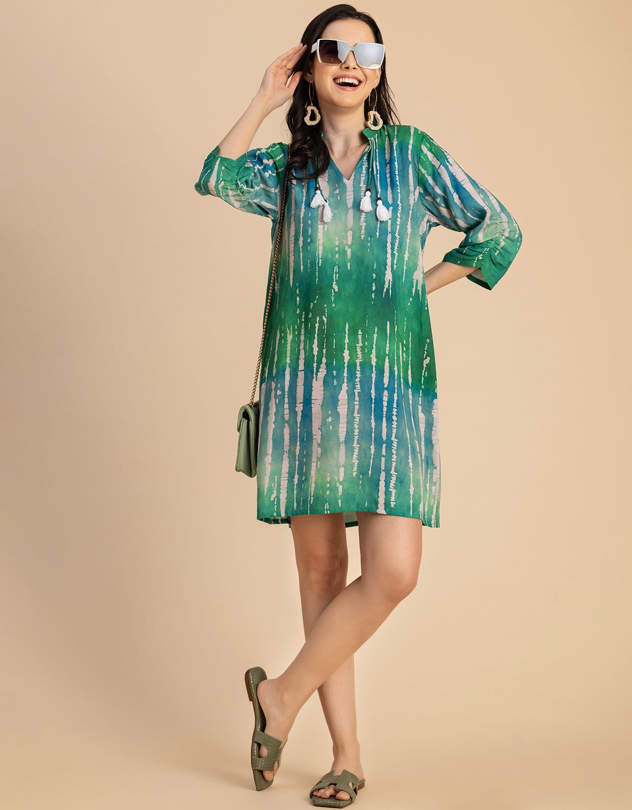 Raglan Sleeves Band Collar Printed Rayon Dress