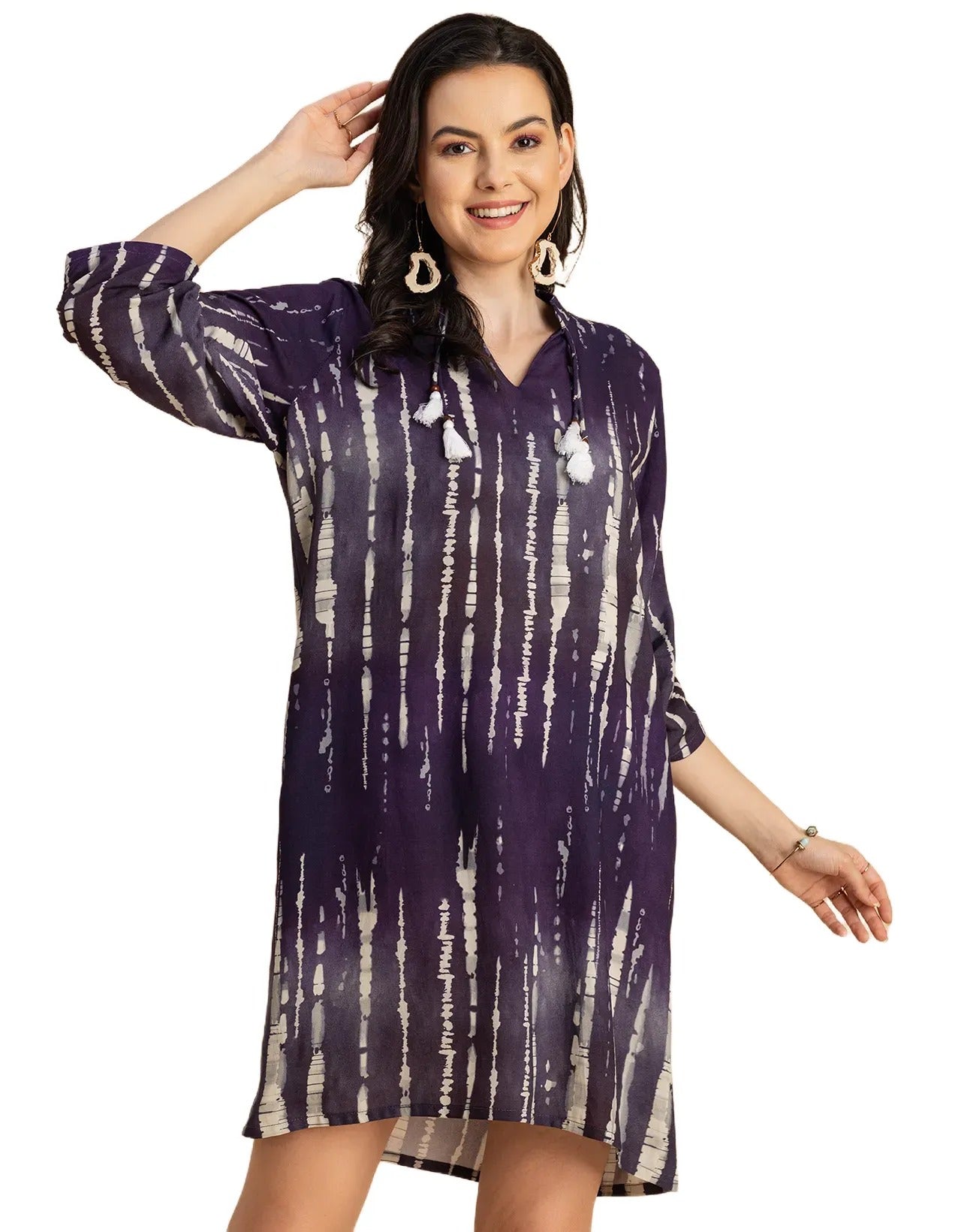 Raglan Sleeves Band Collar Printed Rayon Dress
