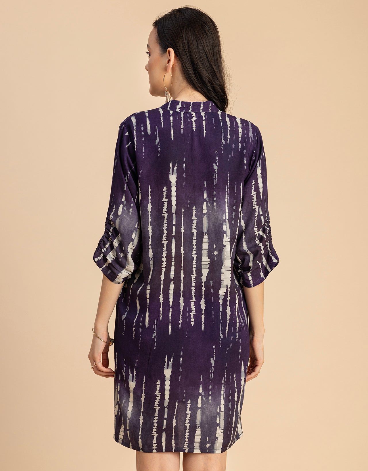 Raglan Sleeves Band Collar Printed Rayon Dress