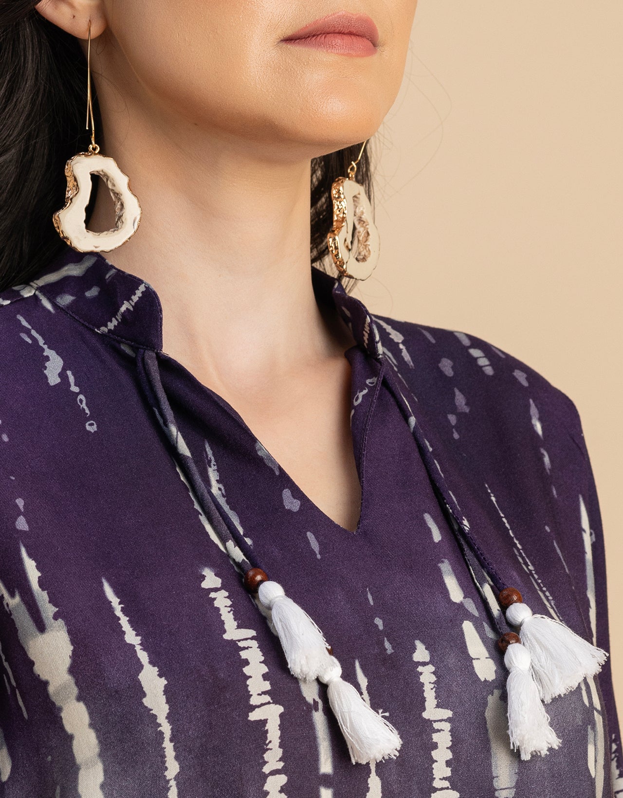 Raglan Sleeves Band Collar Printed Rayon Dress