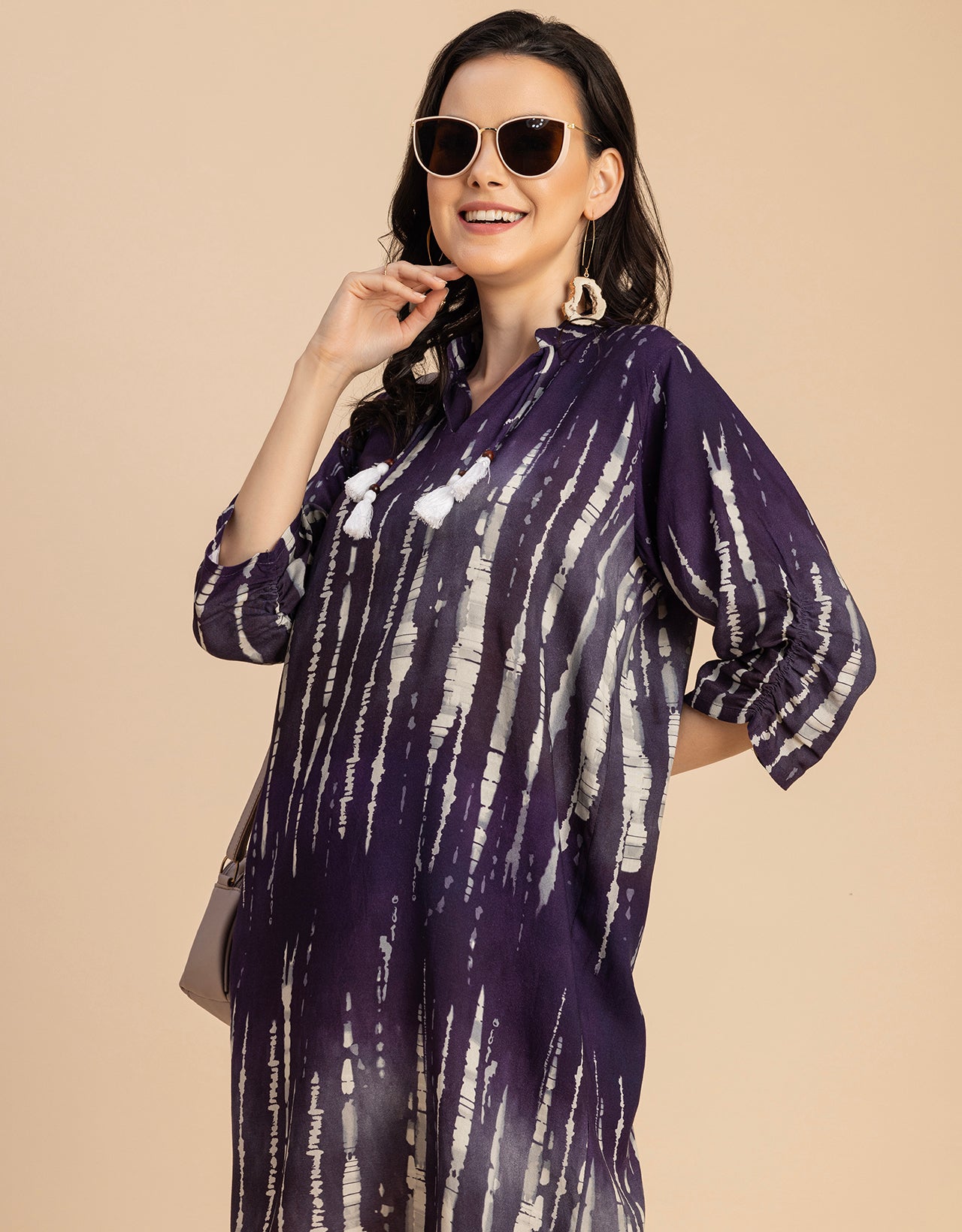 Raglan Sleeves Band Collar Printed Rayon Dress