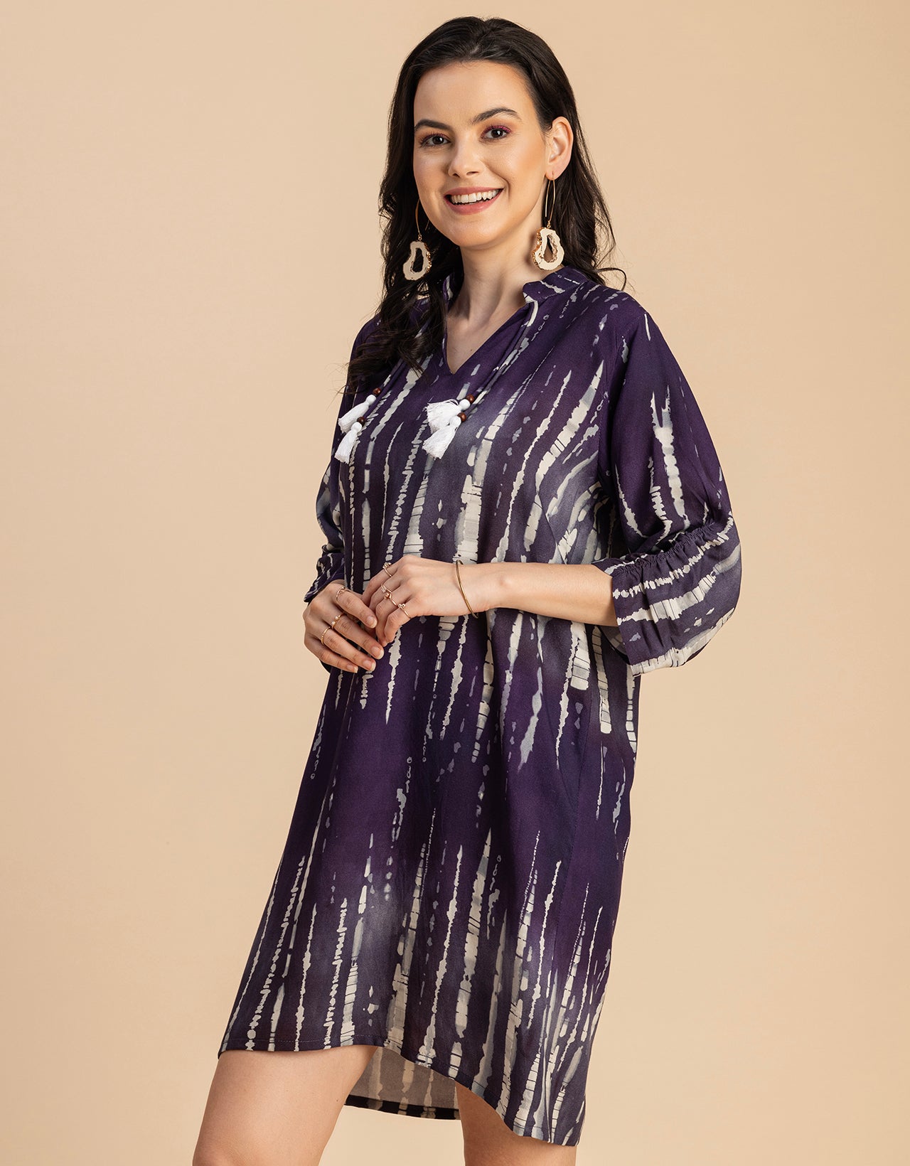 Raglan Sleeves Band Collar Printed Rayon Dress