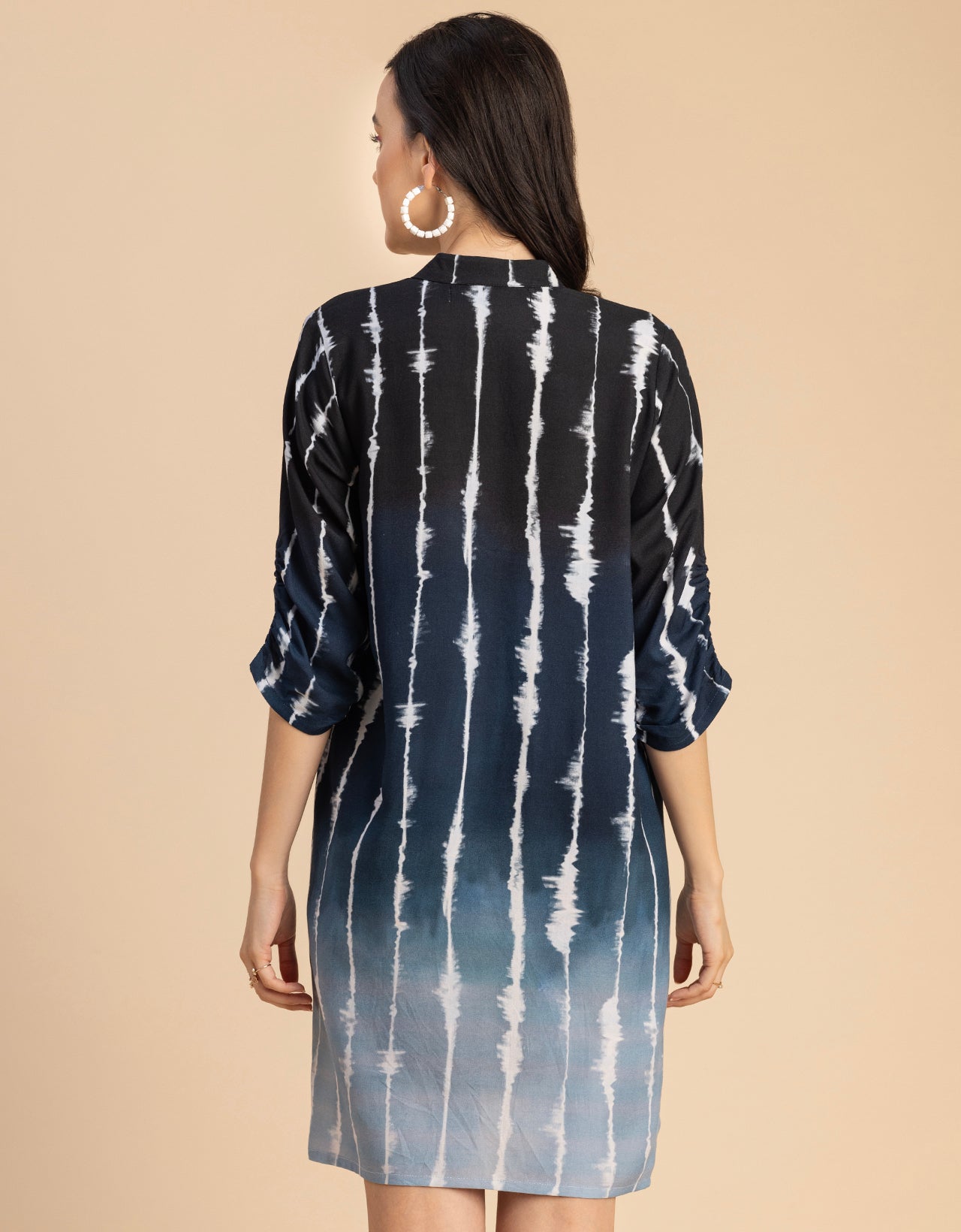 Raglan Sleeves Band Collar Printed Rayon Dress