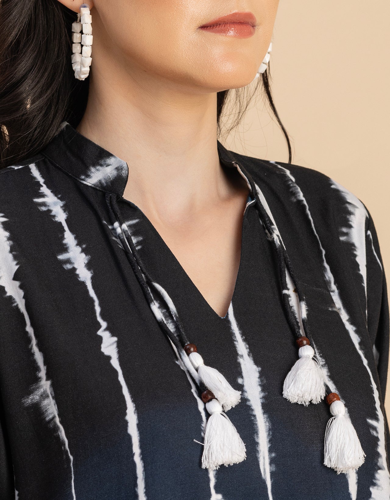 Raglan Sleeves Band Collar Printed Rayon Dress
