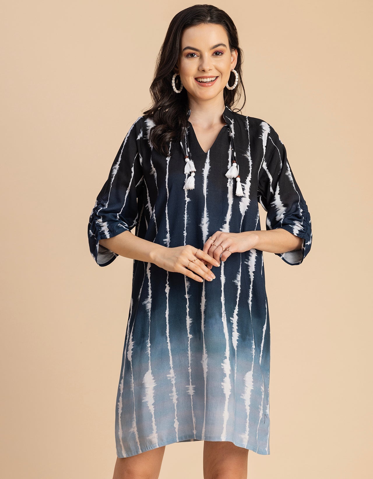 Raglan Sleeves Band Collar Printed Rayon Dress