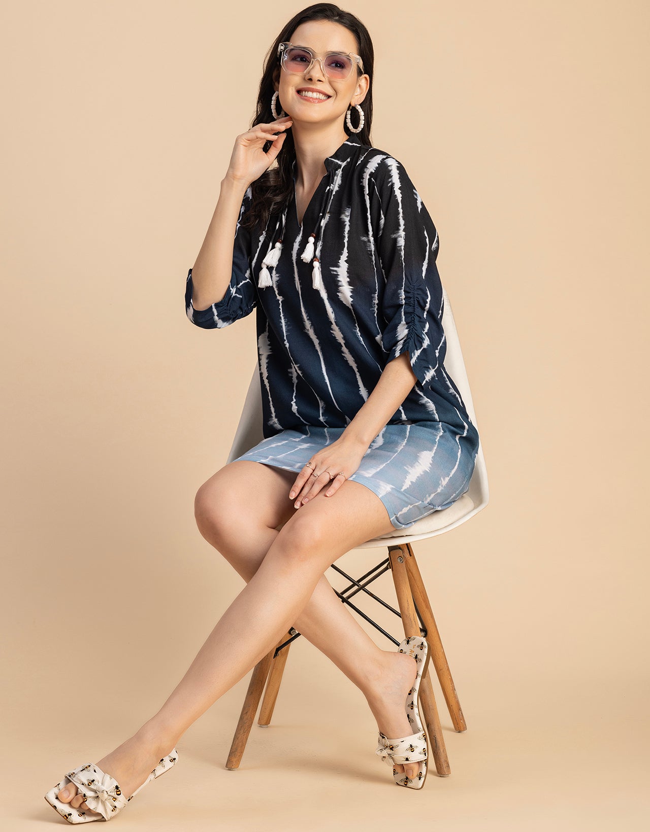 Raglan Sleeves Band Collar Printed Rayon Dress