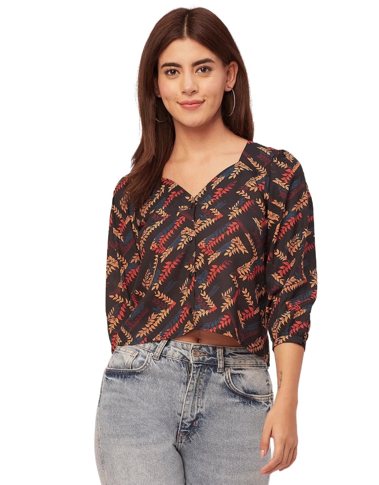 Elegant Printed Sweetheart Neck Georgette Top