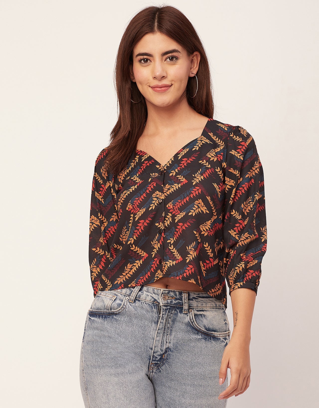 Elegant Printed Sweetheart Neck Georgette Top