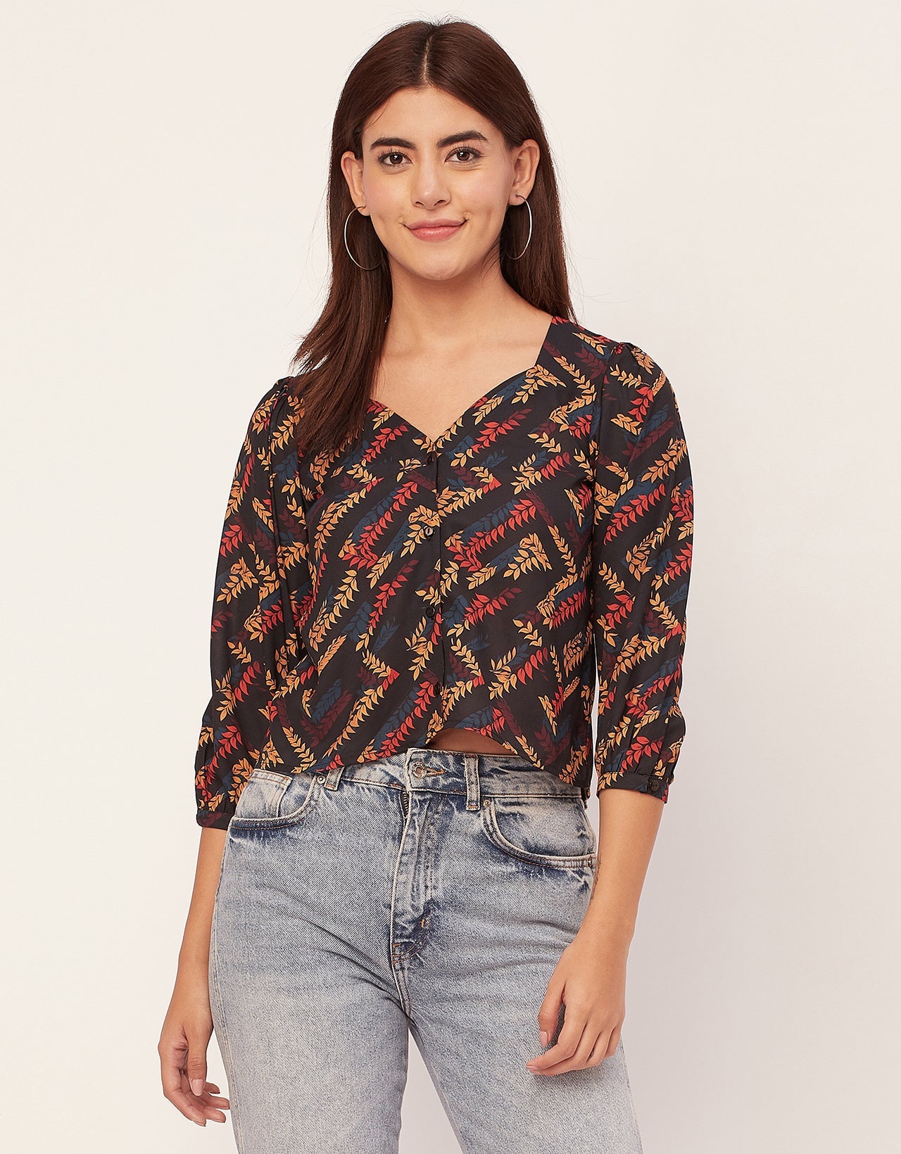 Elegant Printed Sweetheart Neck Georgette Top